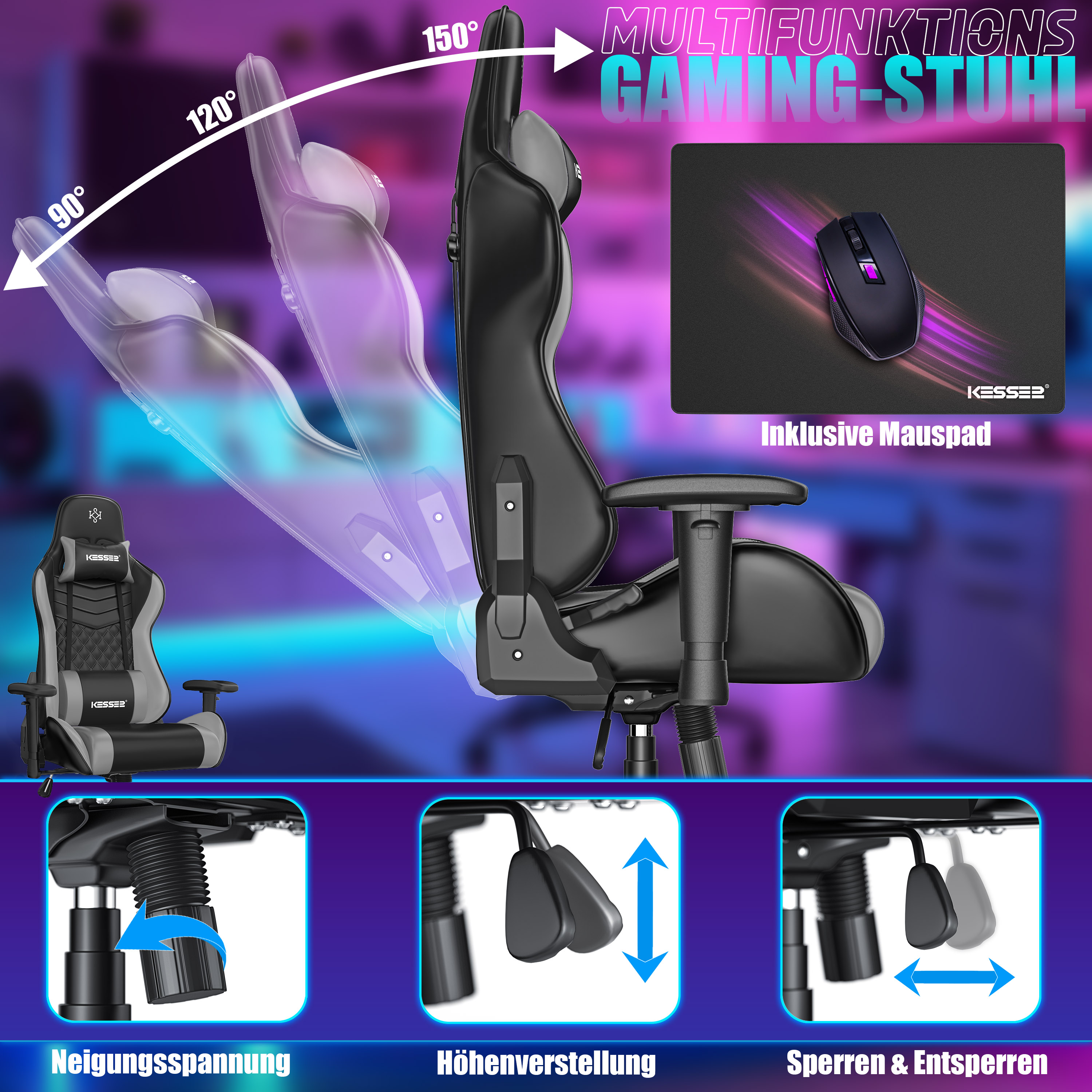 Schwarzer Gaming-Stuhl mit verstellbarer Rückenlehne, Kissen, Mauspad und Steuerelementen unten.
