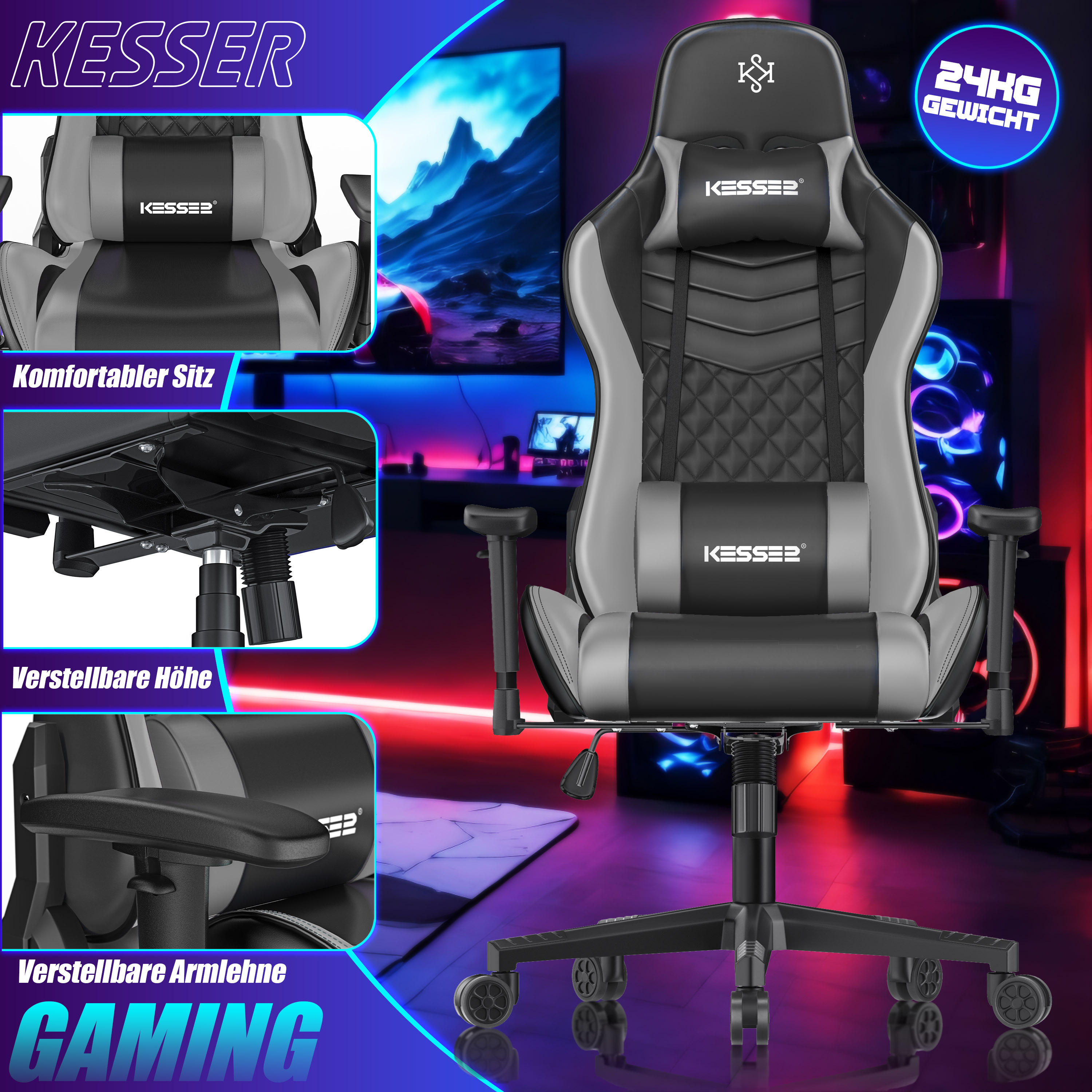 Schwarzer und grauer KESSER-Gaming-Stuhl mit Rollen, verstellbaren Armlehnen und Kissen in einem Gaming-Zimmer.