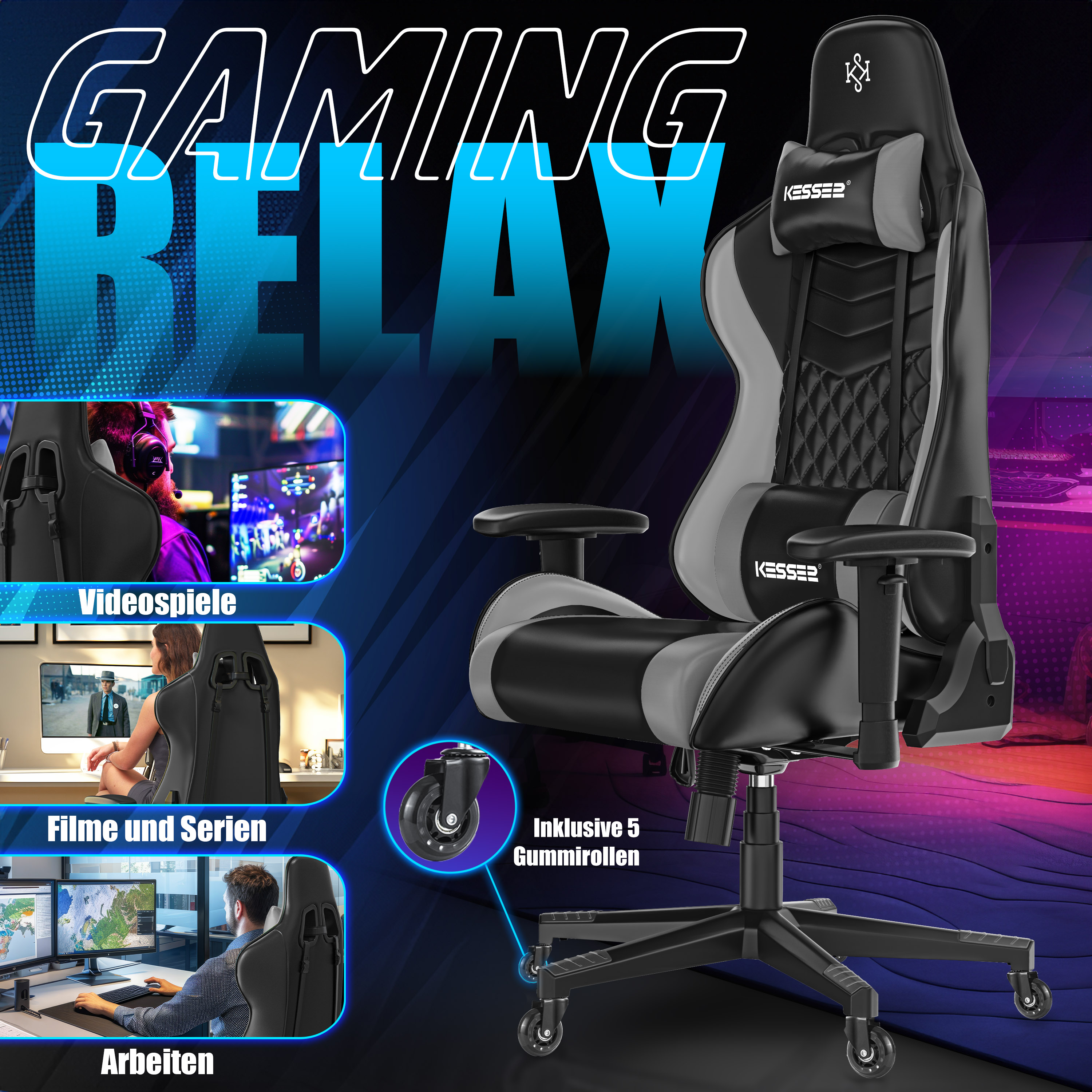 Schwarzer und grauer Kesser Gaming-Stuhl vor blauem Hintergrund mit Insets für Videospiele, Filme und Arbeit.