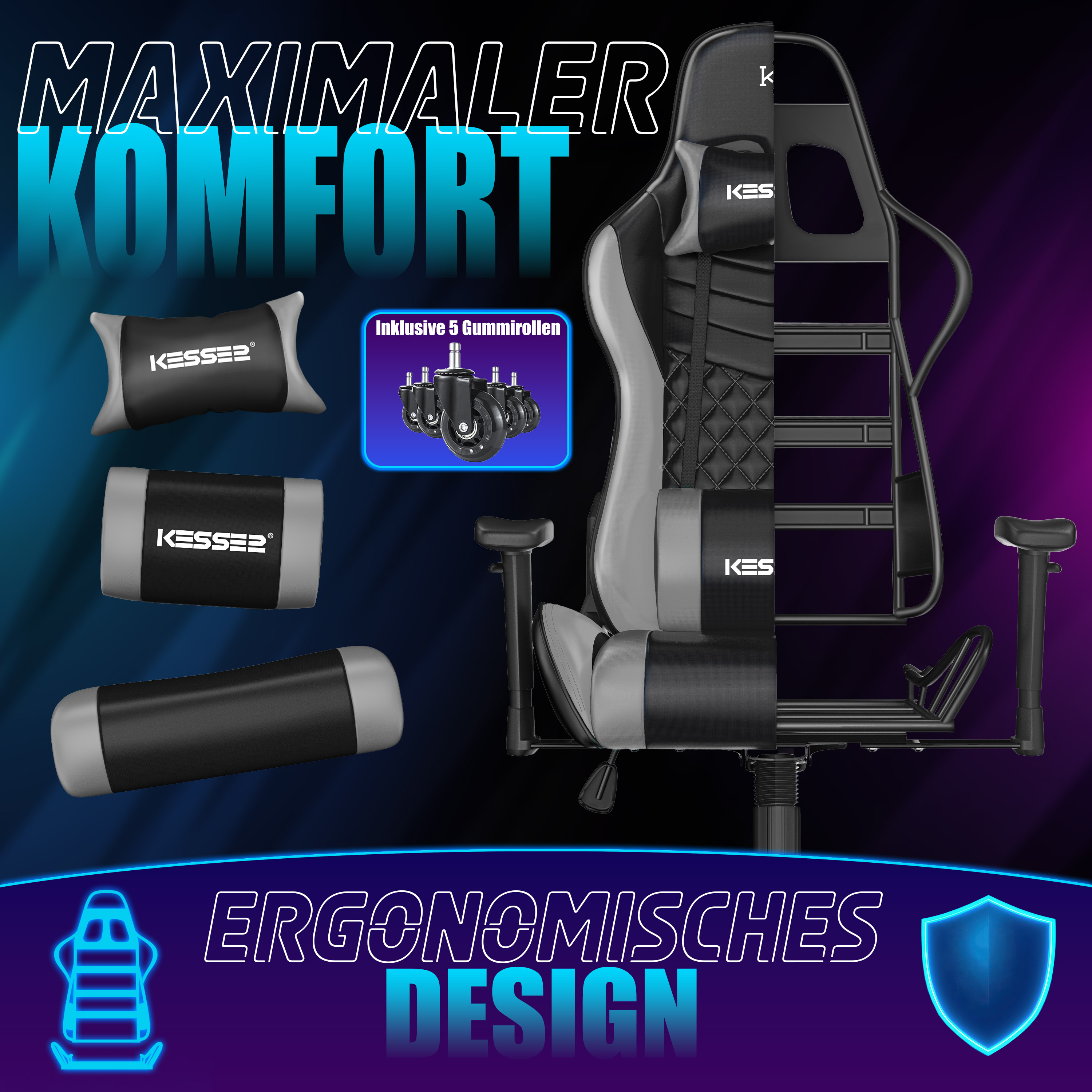 Ergonomischer Gaming-Stuhl mit Kissen und Metallrahmen auf blauem Hintergrund.