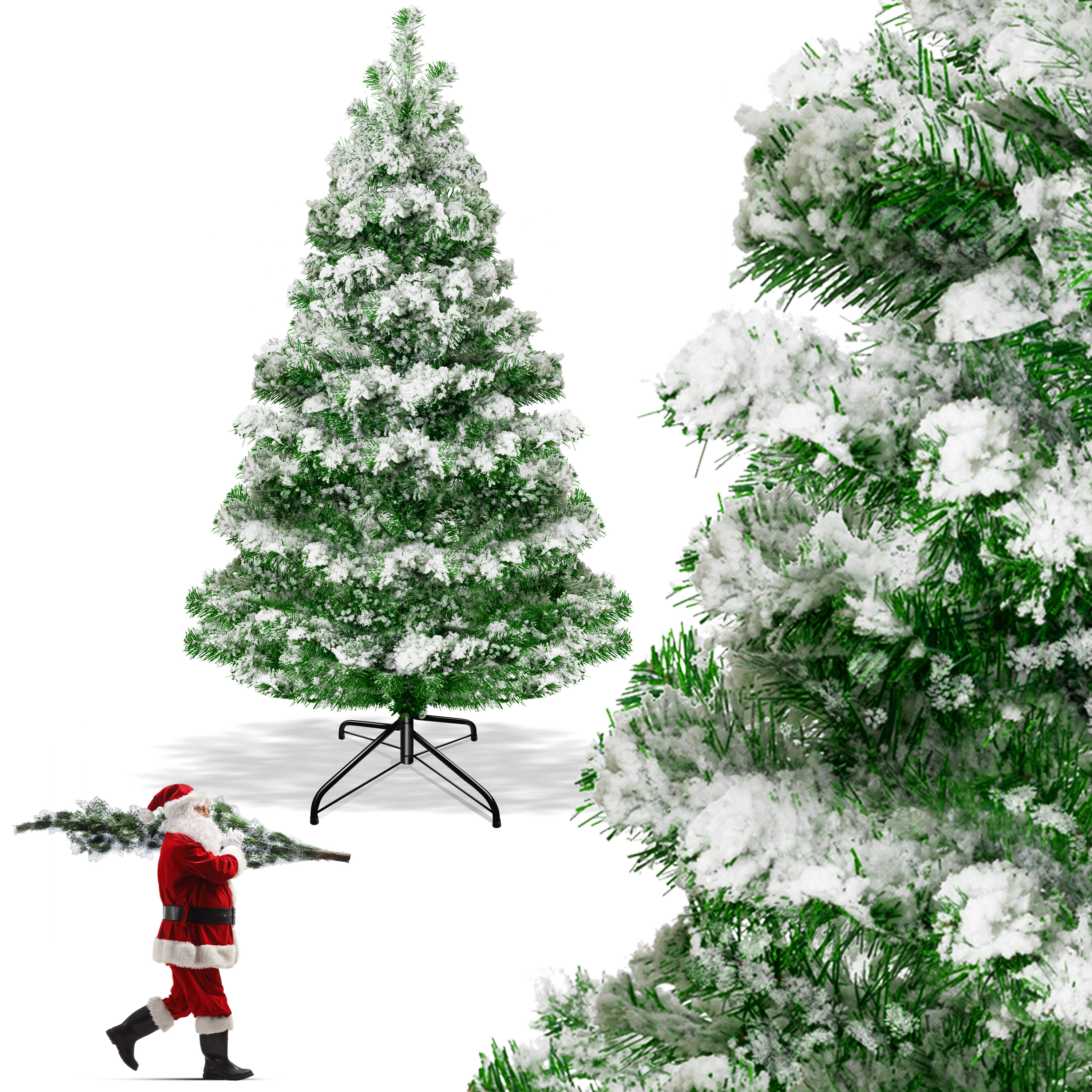 Ein verschneiter künstlicher Weihnachtsbaum mit Metallständer und Weihnachtsmann unten.