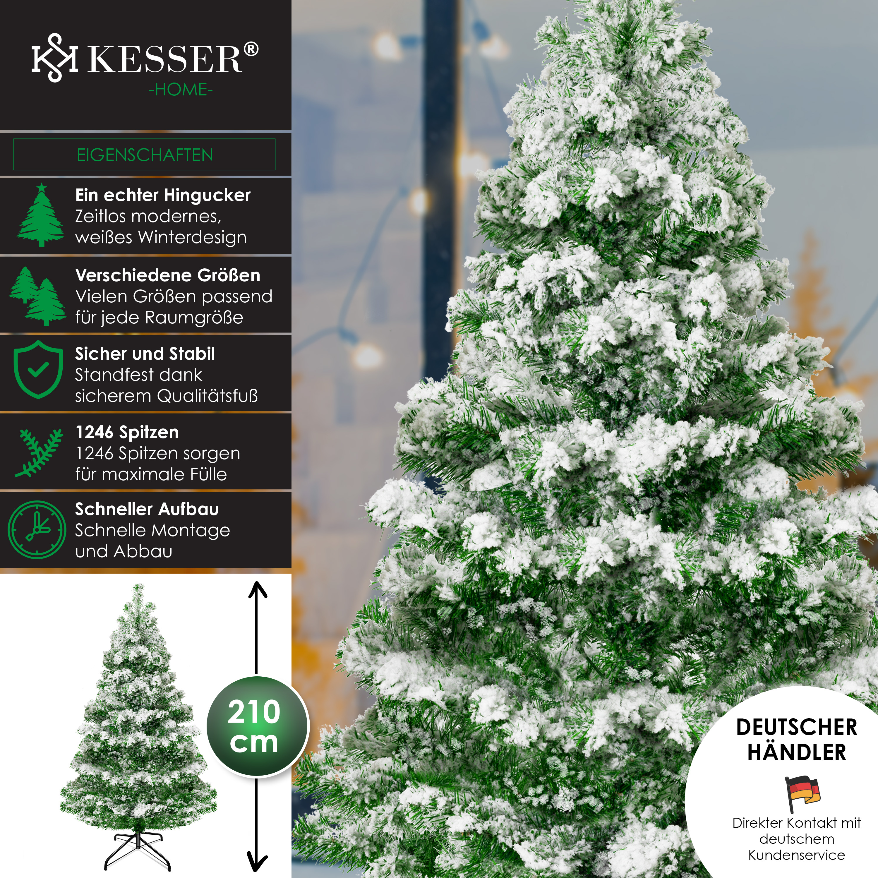 Ein künstlicher, schneebedeckter Weihnachtsbaum mit Textfeldern und Logos auf der linken Seite.