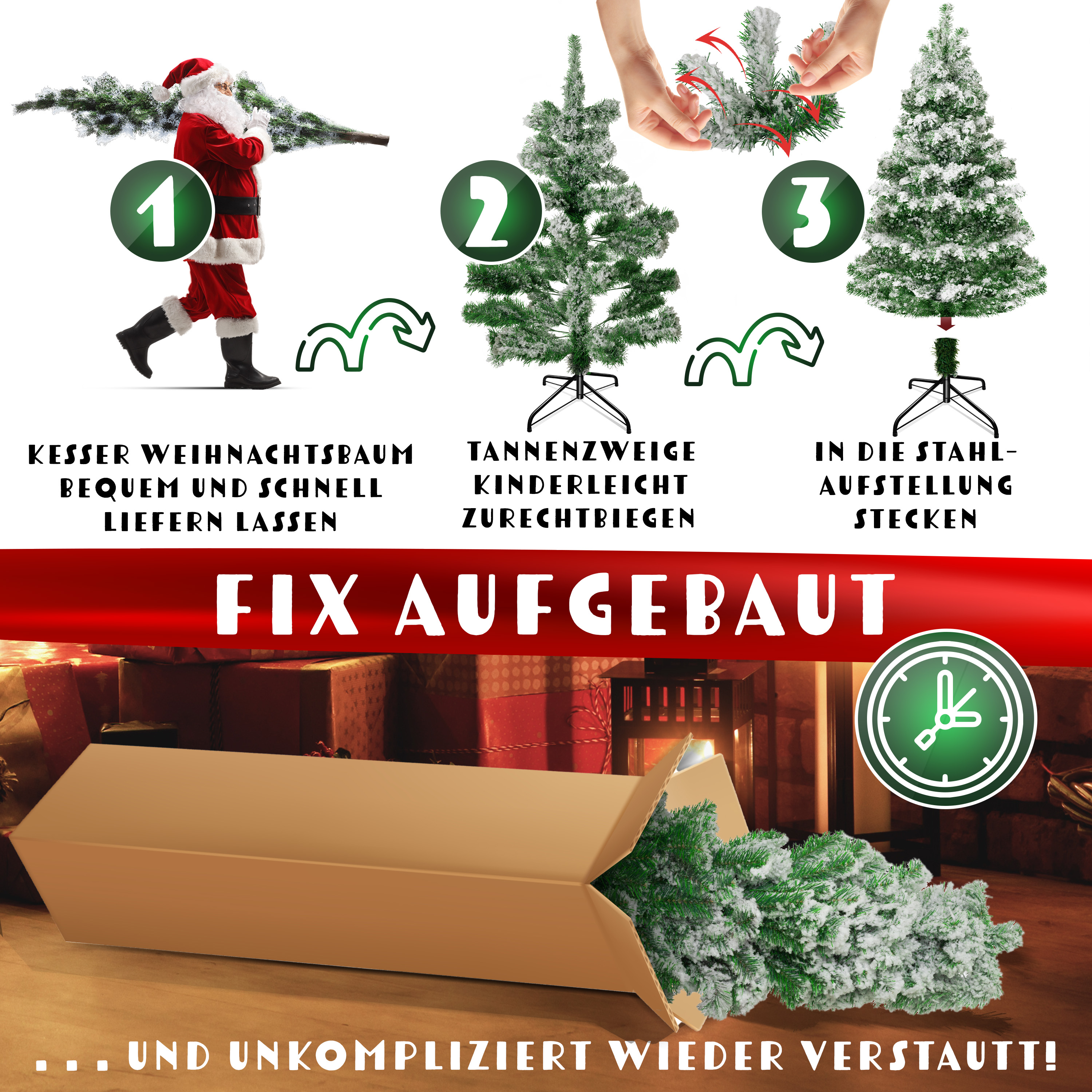 Schritt-für-Schritt-Anleitung zum Aufbau eines künstlichen Weihnachtsbaums mit schneebedeckten Zwecken.