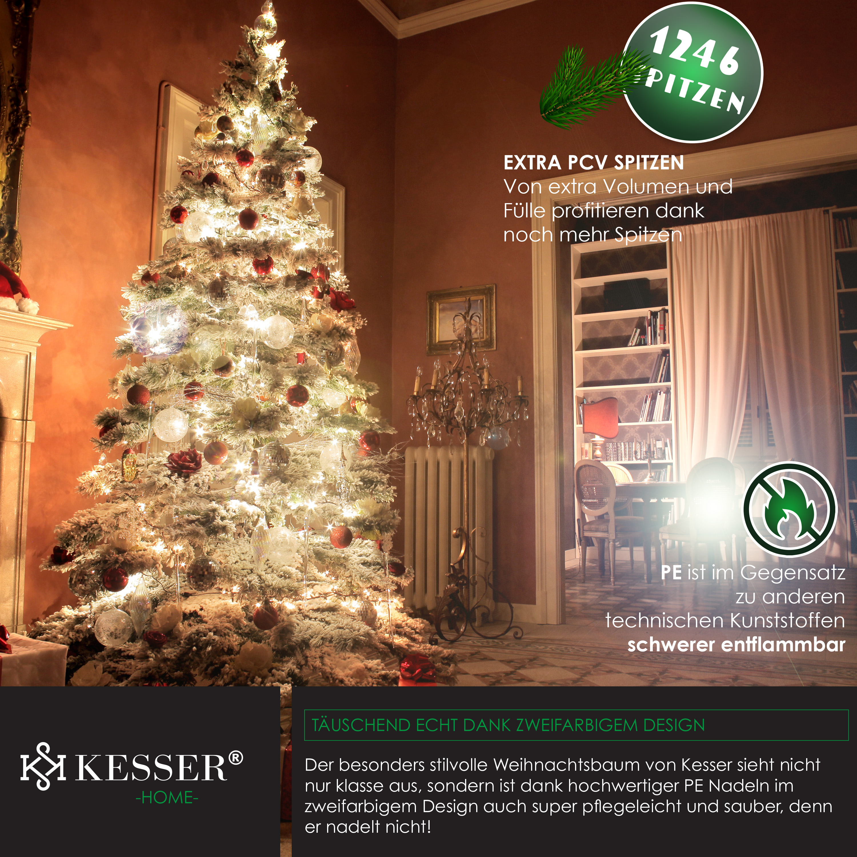 Beleuchteter, künstlicher Weihnachtsbaum in einem Wohnzimmer mit Bücherregal im Hintergrund.