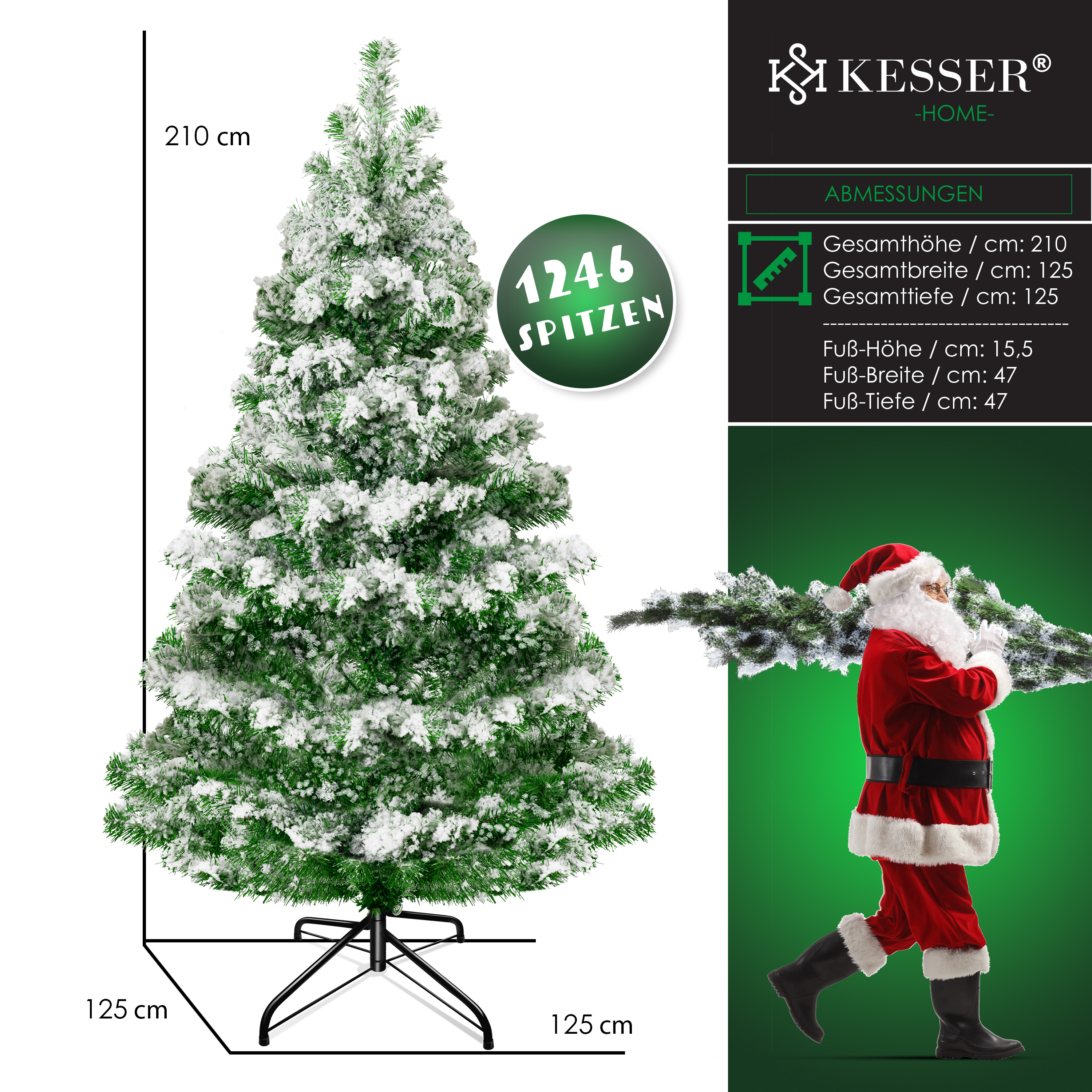 Kesser künstlicher Weihnachtsbaum mit Schnee, 210 cm hoch, mit Maßen und Weihnachtsmann.