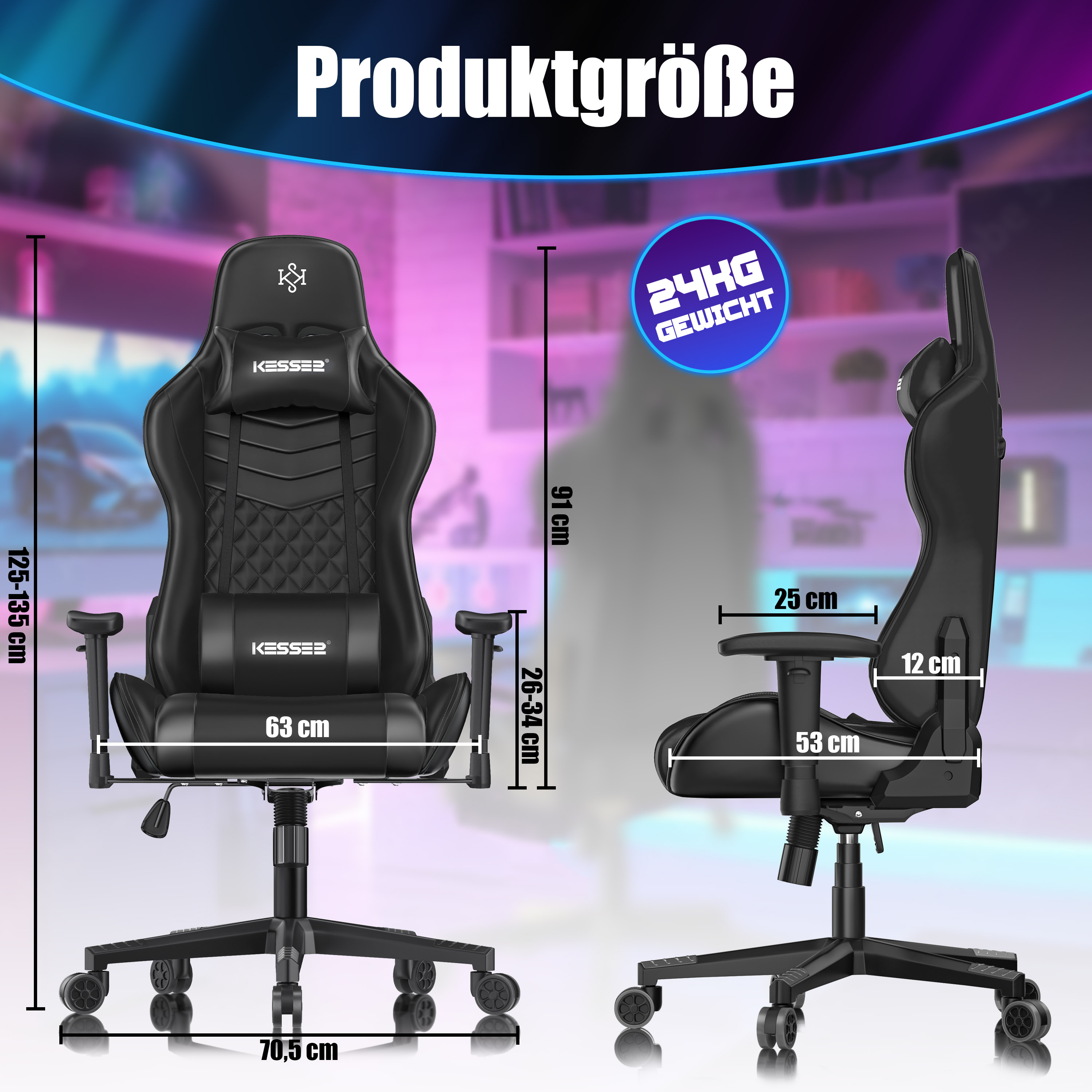 Schwarzer Gaming-Stuhl mit Maßangaben in cm, inklusive Gewicht und Produktgröße-Beschriftung vor einem Raum.