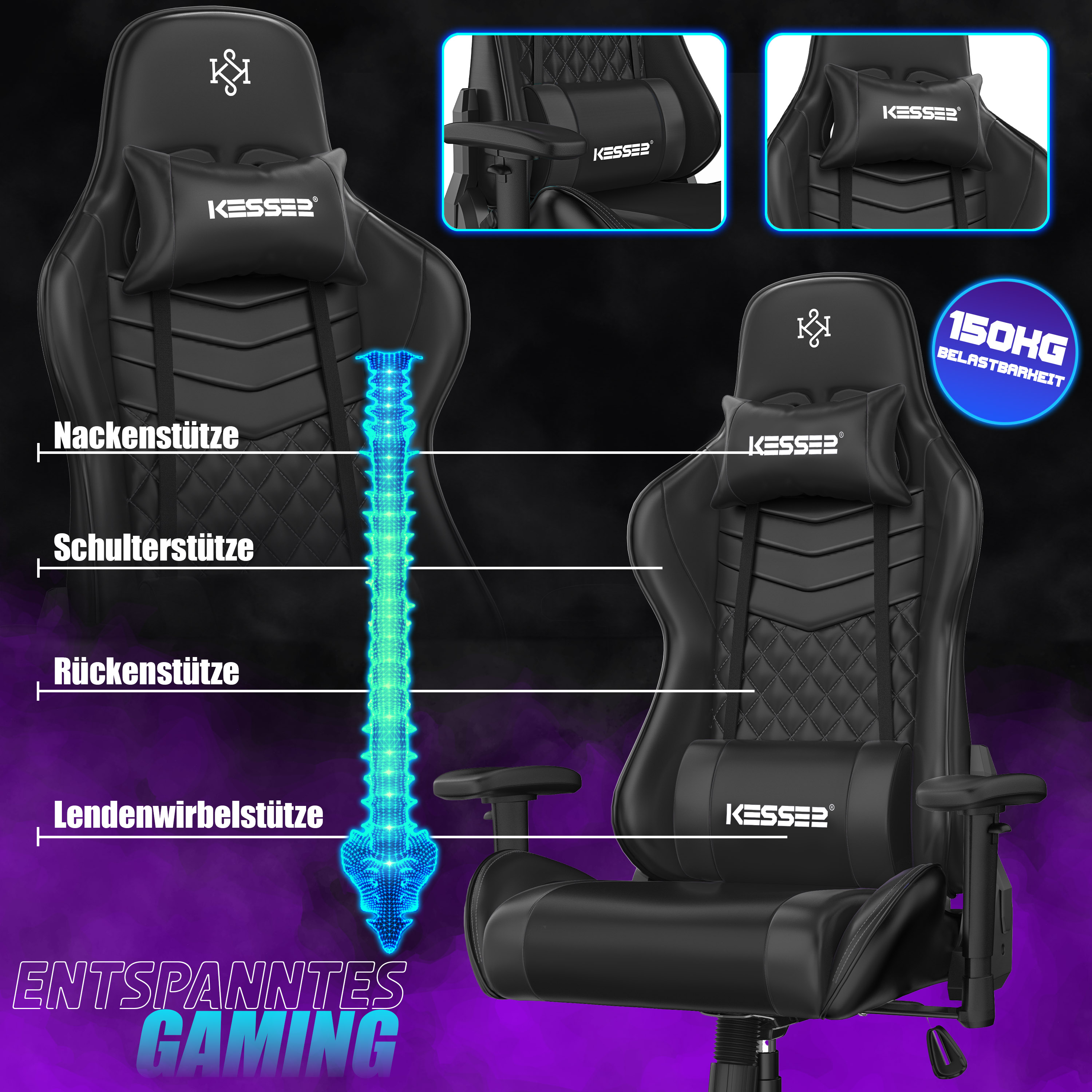 Schwarzer Gaming-Stuhl mit blauer Wirbelsäulengrafik und Kissen, die ergonomische Zonen wie Nacken und Lenden zeigen.