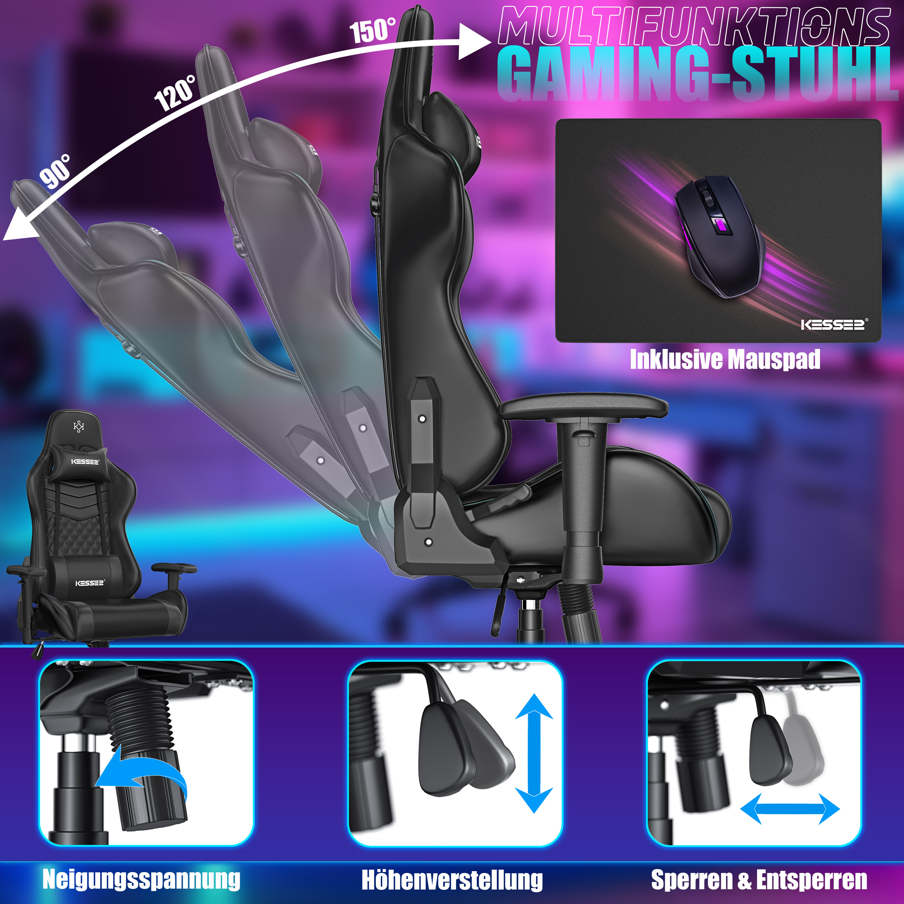 Schwarzer Gaming-Stuhl mit verstellbarer Rückenlehne, Mauspad und Steuerungsfunktionen.