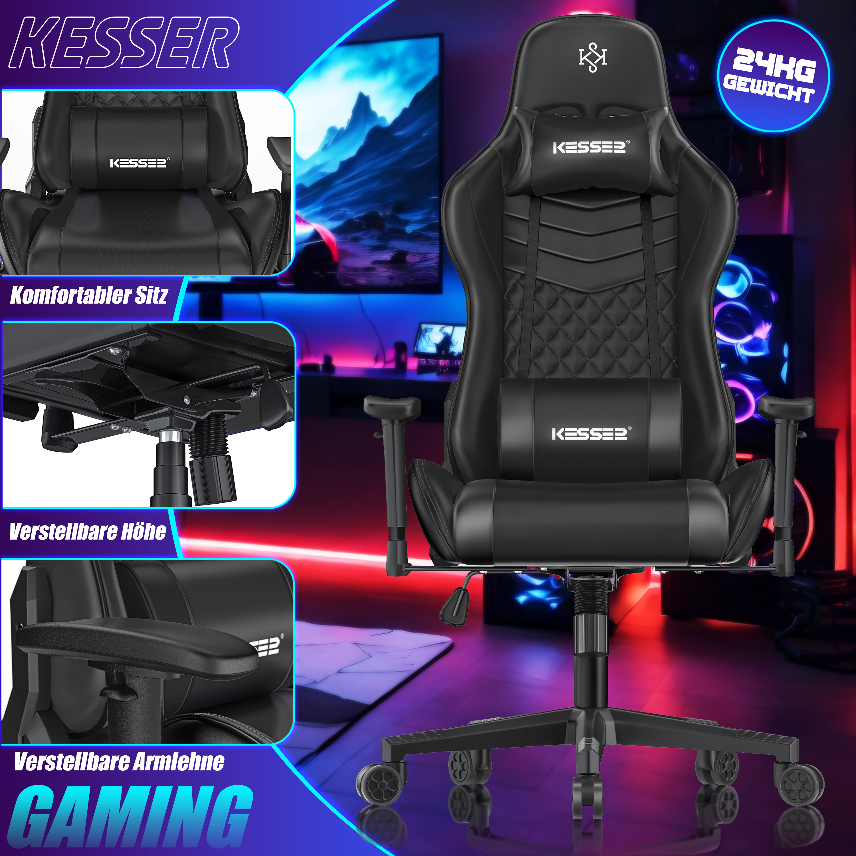 Ein schwarzer Kesser Gaming-Stuhl mit Armlehnen und Kissen vor leuchtendem Hintergrund.