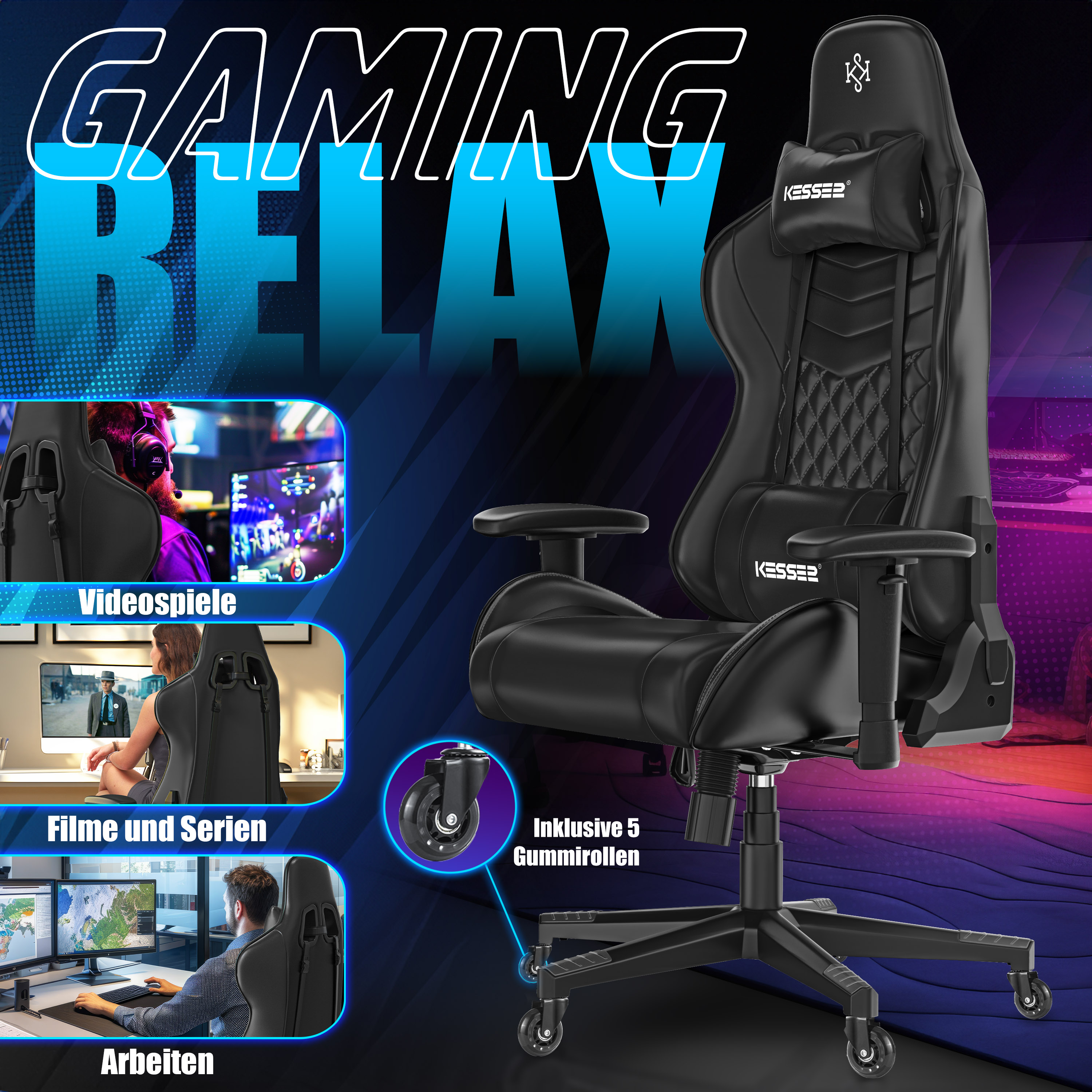 Schwarzer Kesser Gaming-Stuhl mit Kissen, Rollen und Einsatzszenen für Gaming, Filme und Arbeit.