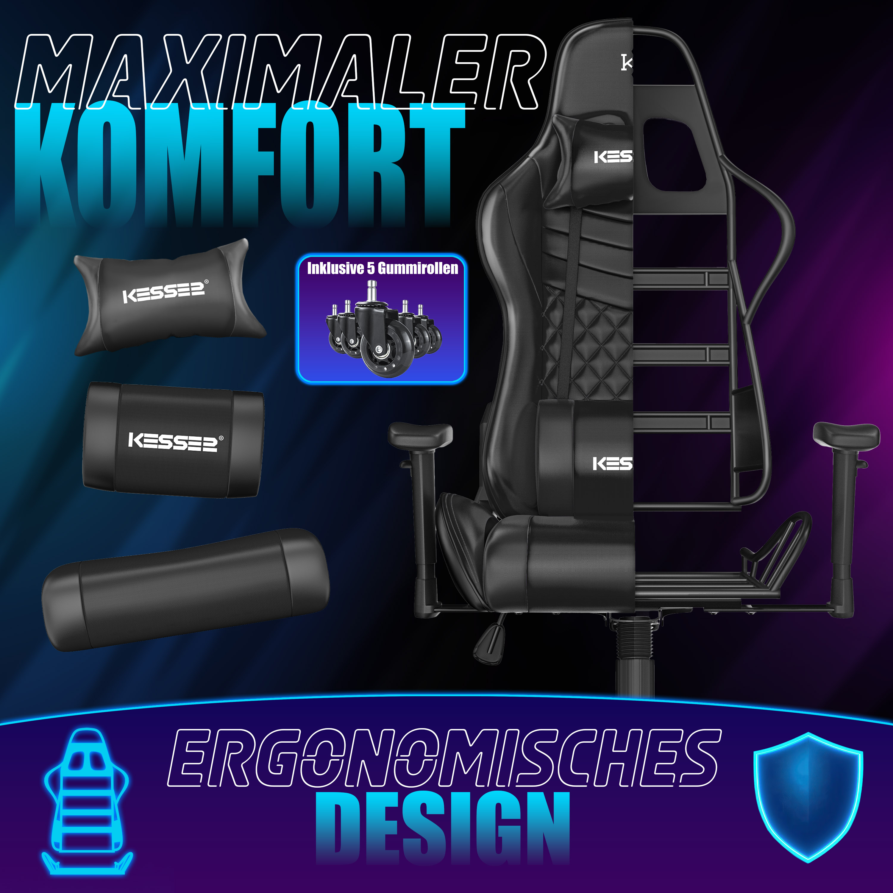 Schwarzer Gaming-Stuhl mit Kissen, Rollen und Metallrahmen auf blau-violettem Hintergrund.