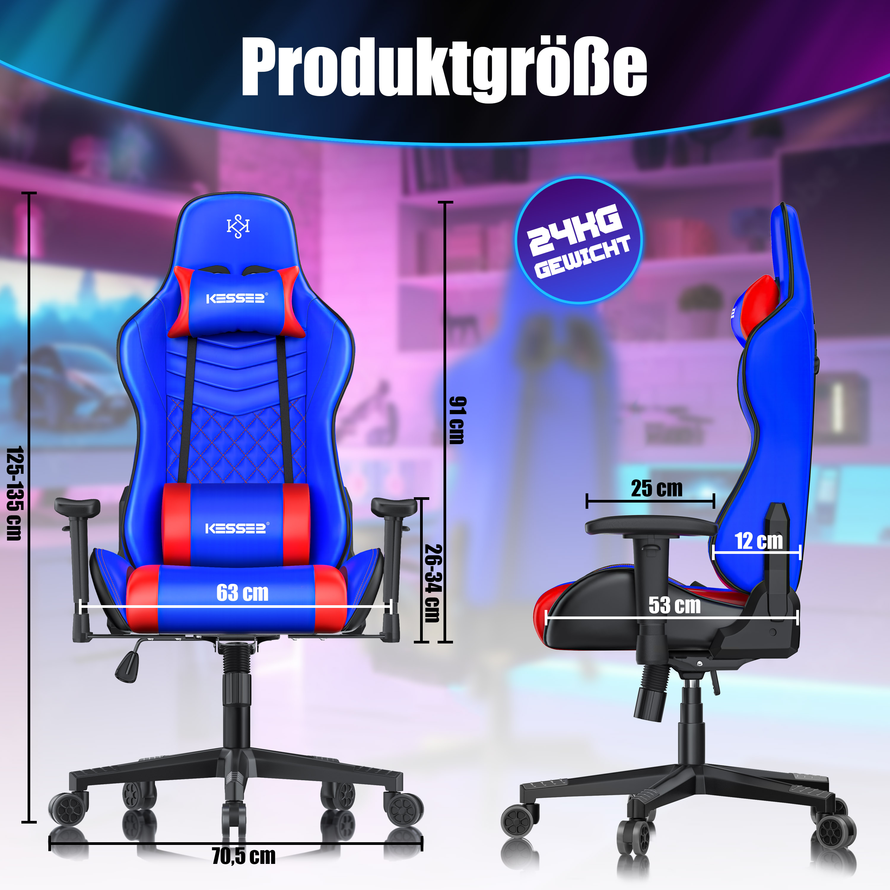 Produktgröße und Maße eines blau-roten Kesser Gaming-Stuhls mit Kissen von vorne und von der Seite.