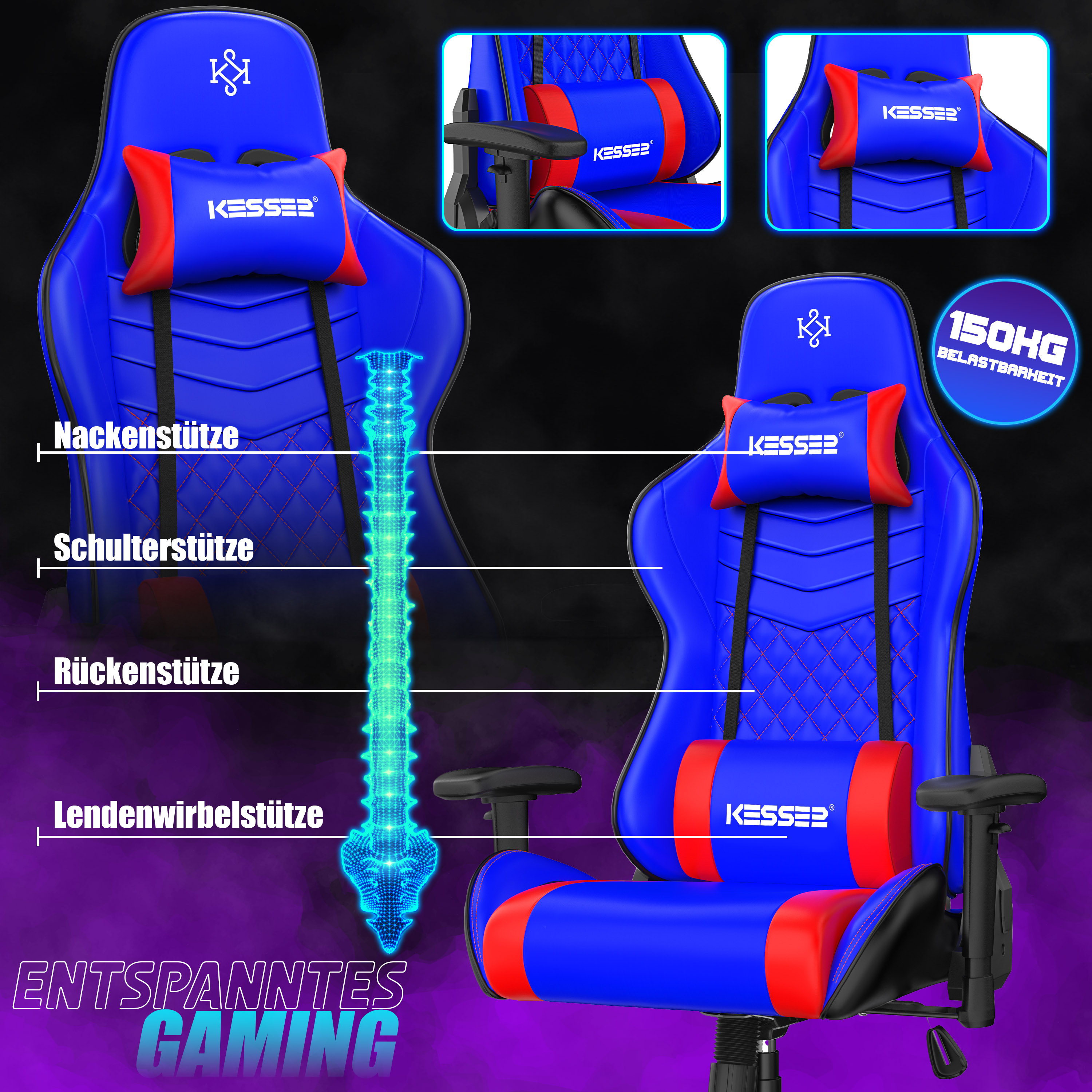 Blauer Kesser Gaming-Stuhl mit roten Akzenten und ergonomischer Wirbelsäulendarstellung auf dunklem Hintergrund.