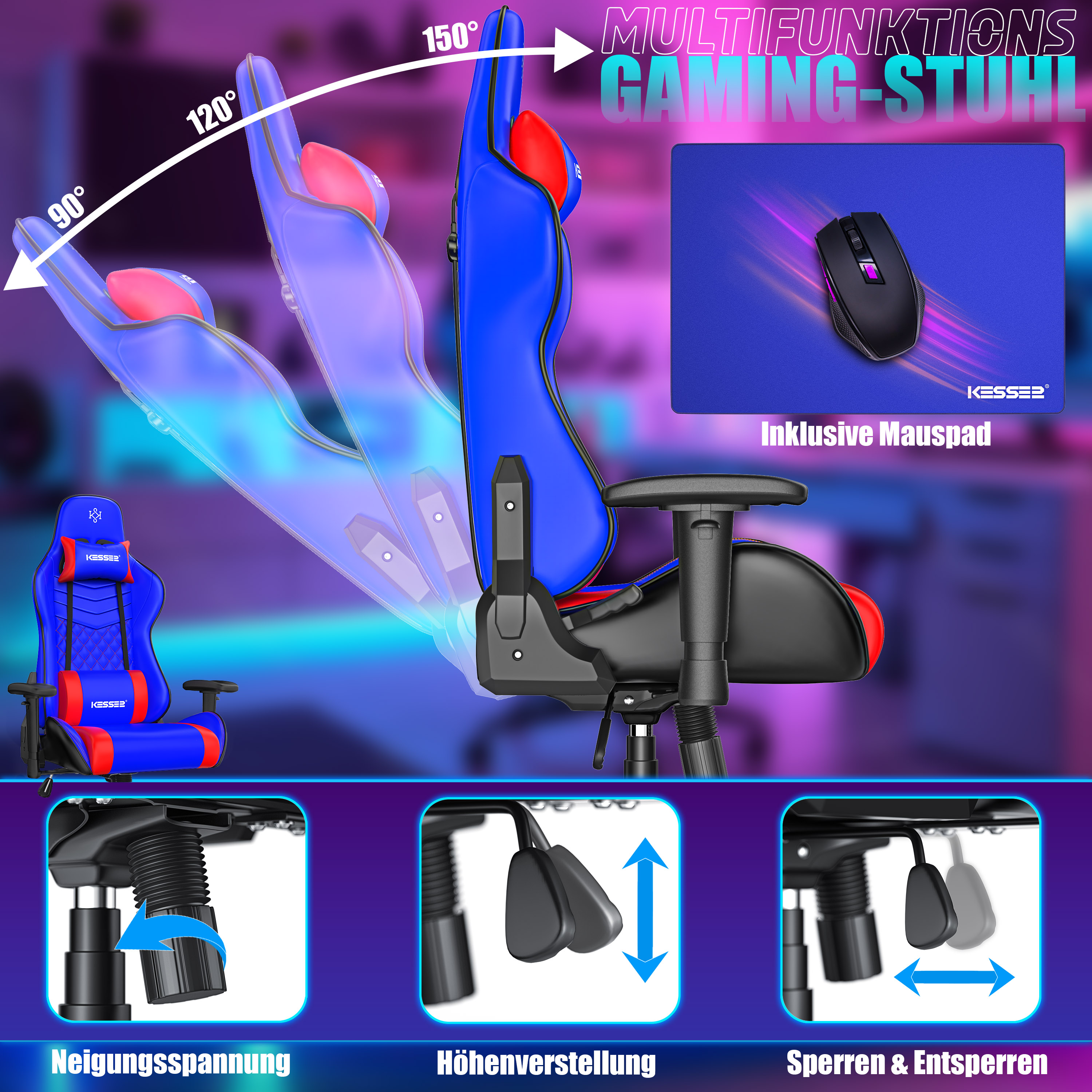 Blau-roter Gaming-Stuhl mit verstellbarer Rückenlehne, Kissen, Mauspad und Mechanismen.