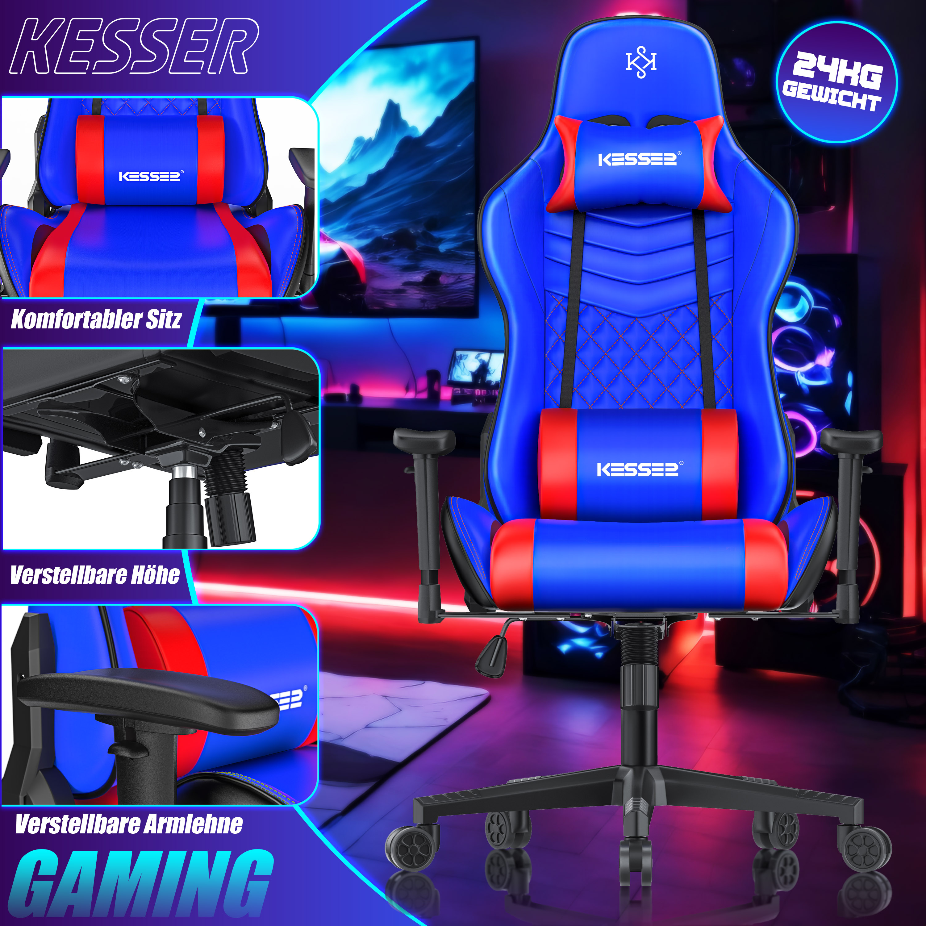 Ein blauer und roter Gaming-Stuhl mit Kissen, Höhenverstellung und Armlehnen vor einem beleuchteten Raum.