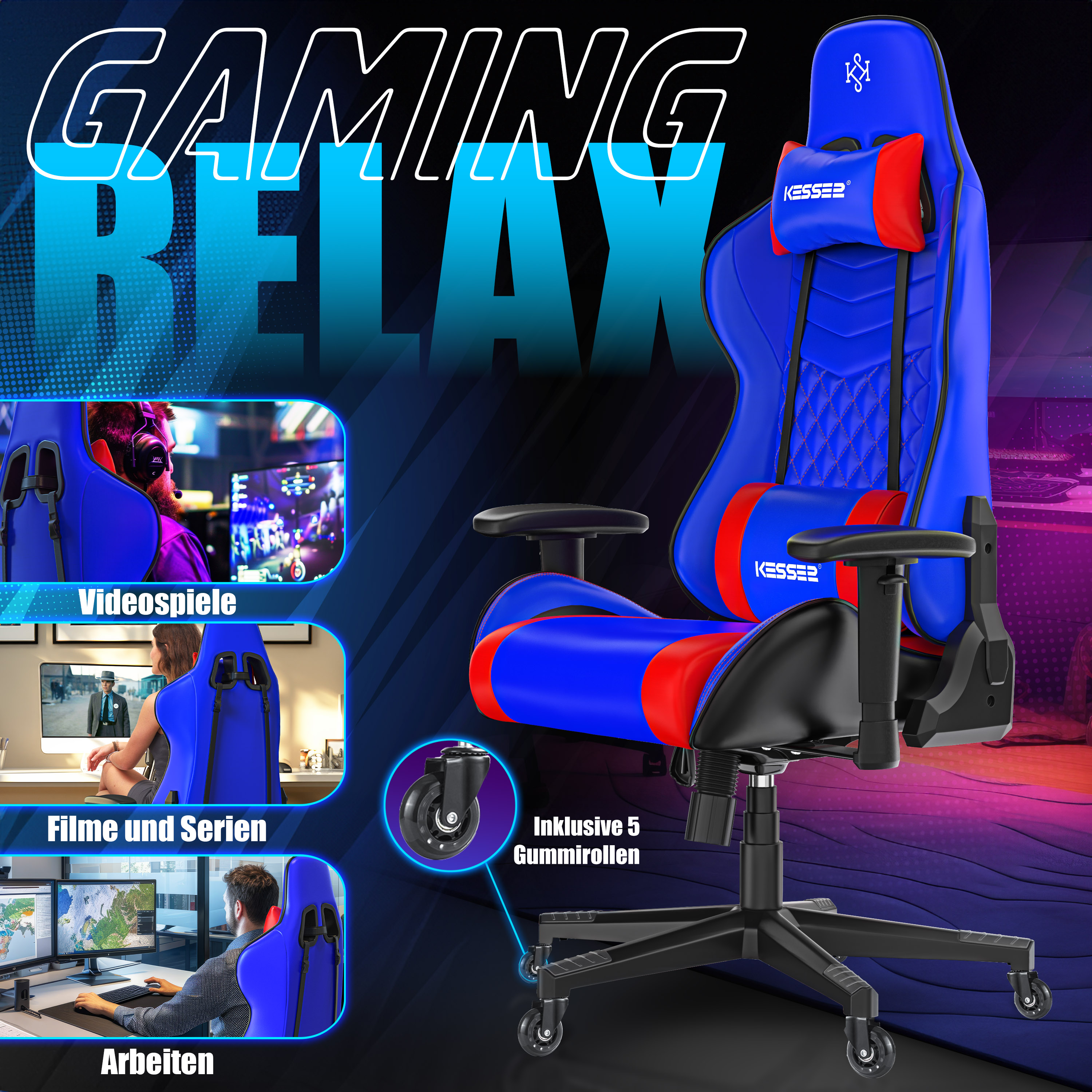 Ein blauer Gaming-Stuhl mit roten Akzenten, Kissen und Rollen, flankiert von Einsatzfotos für Spiele und Arbeit.