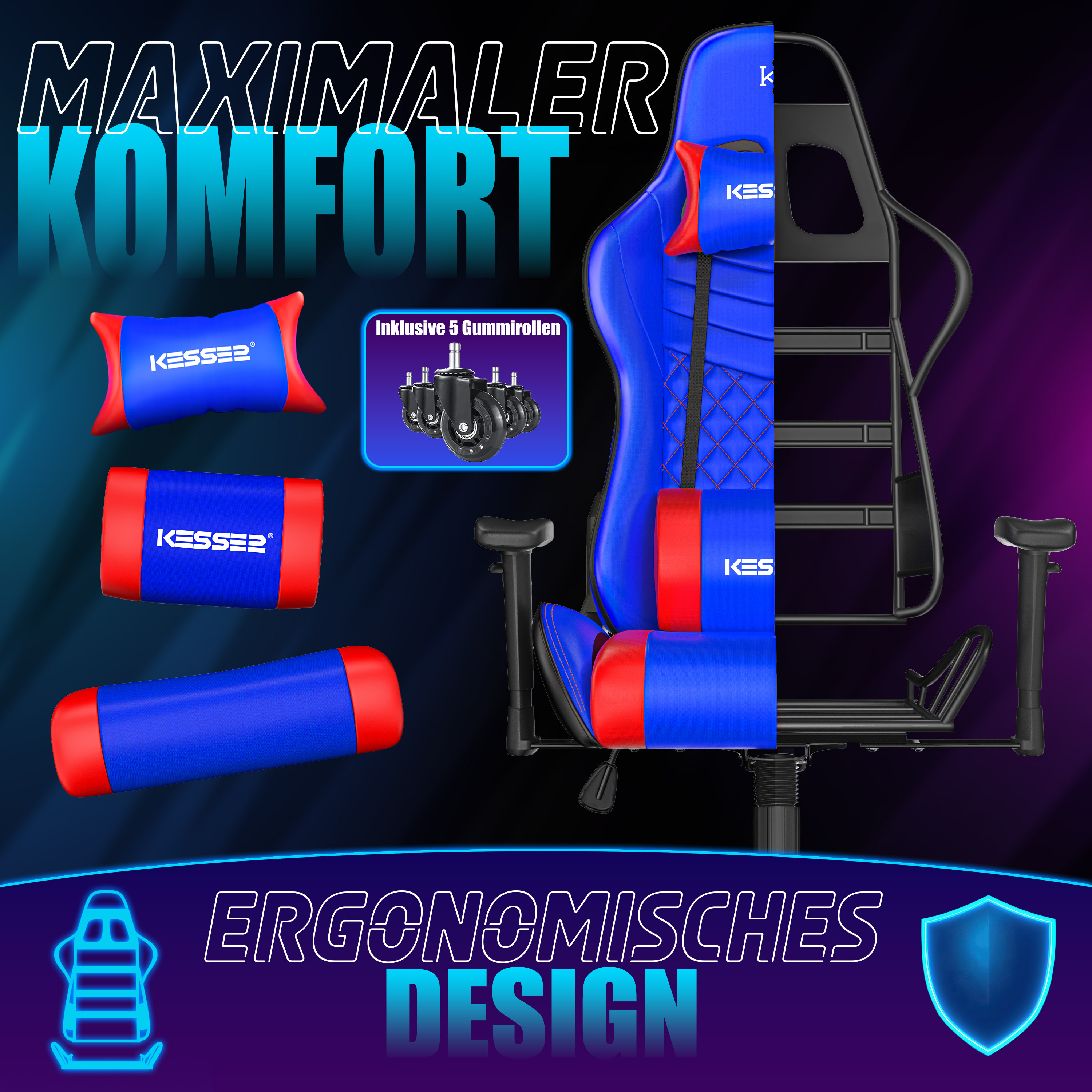 Blau-roter Gaming-Stuhl mit Metallrahmen, Kissen und Rollen, dazu deutscher Werbetext.