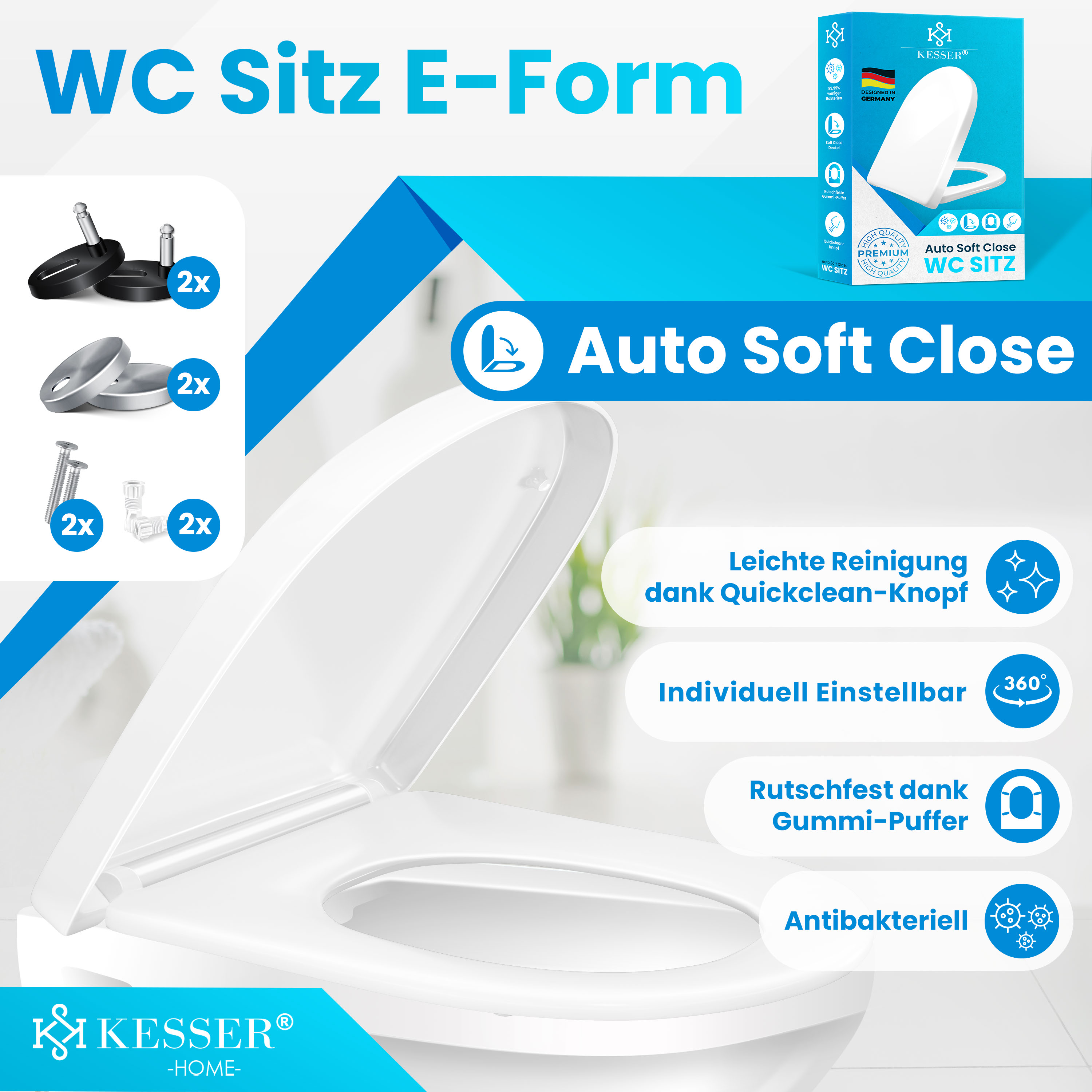 Produktbanner für KESSER WC-Sitz mit Absenkautomatik, Installationsteilen und Produktmerkmalen.