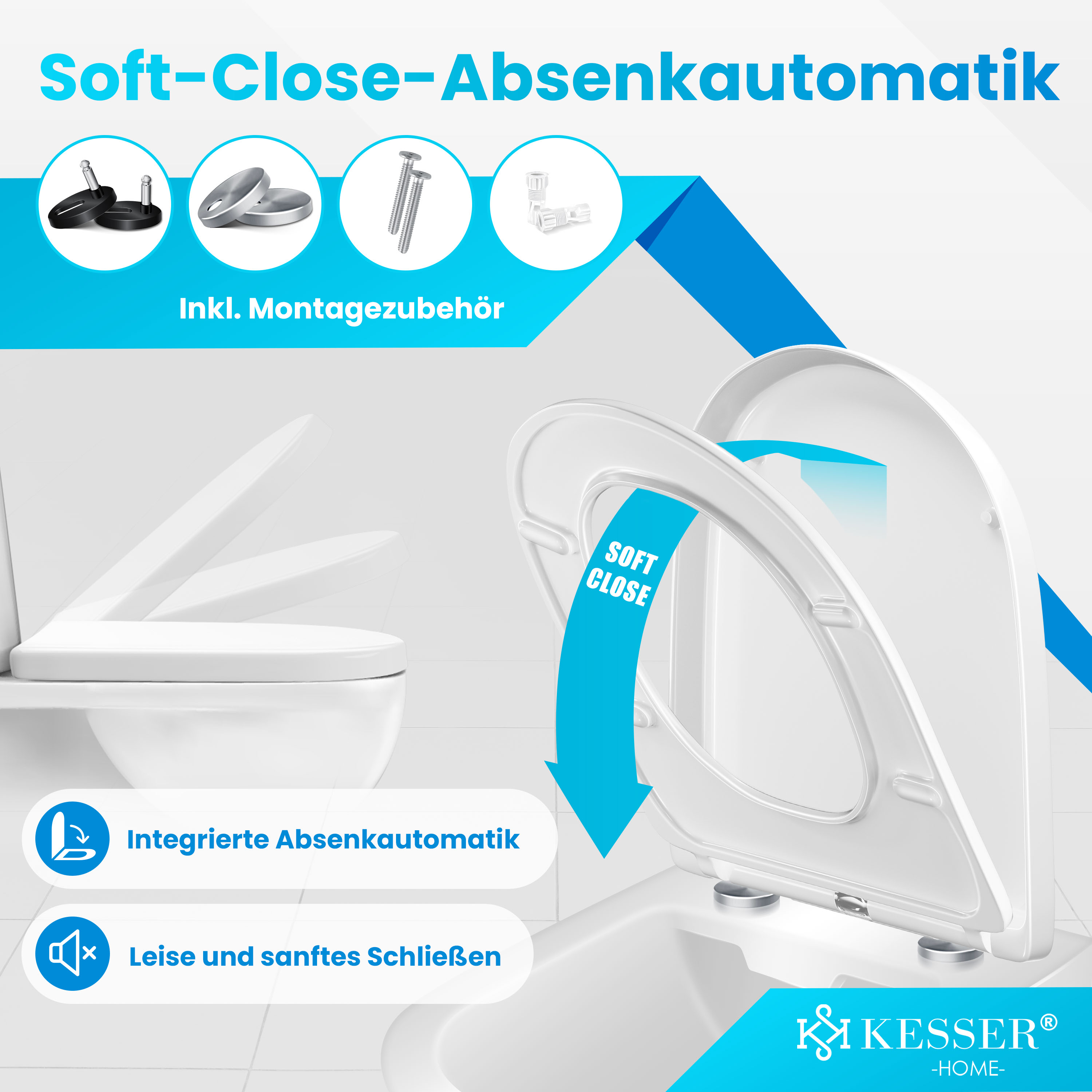 Toilette mit Soft-Close-Absenkautomatik und Montagezubehör in einer blauen und weißen Werbegrafik.