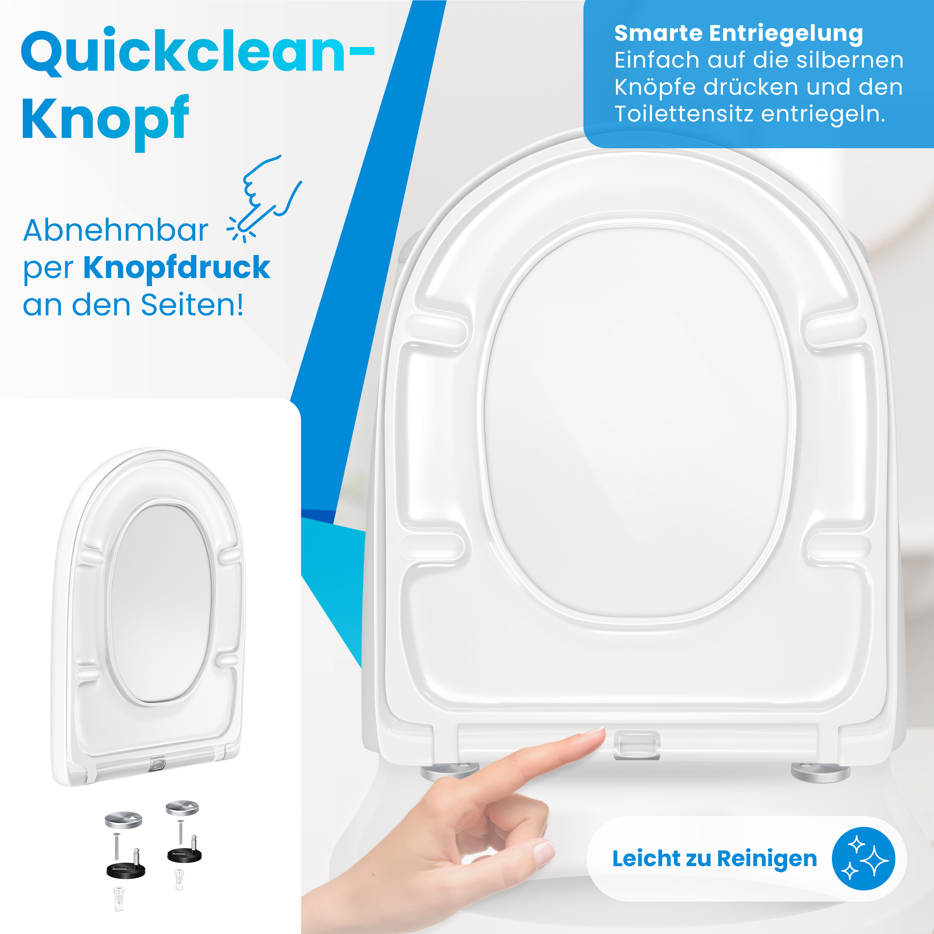 Ein weißer Toilettensitz mit Schnellverschlussknopf wird gezeigt, den man per Knopfdruck abnehmen kann.