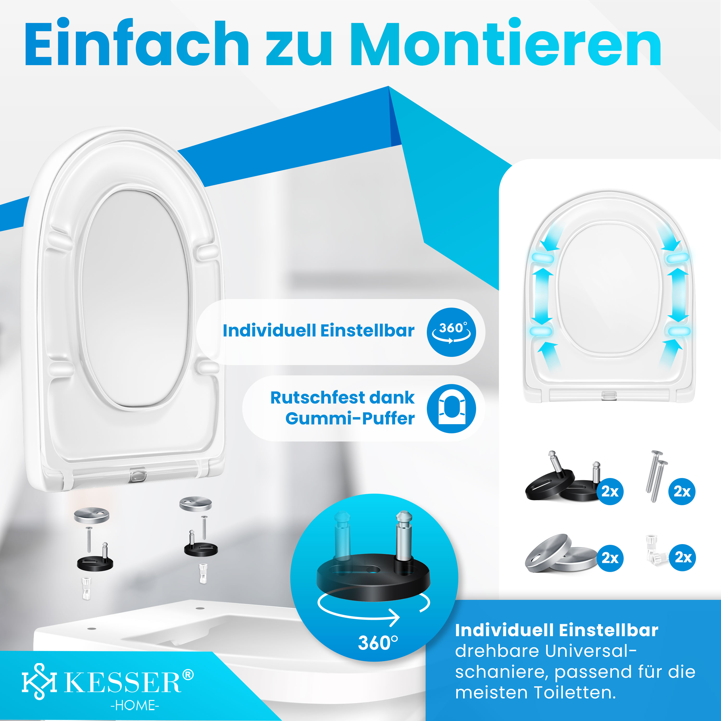 Werbebild für einen Kesser Toilettensitz mit 360-Grad-Scharnieren und Montagematerial vor hellem Hintergrund.