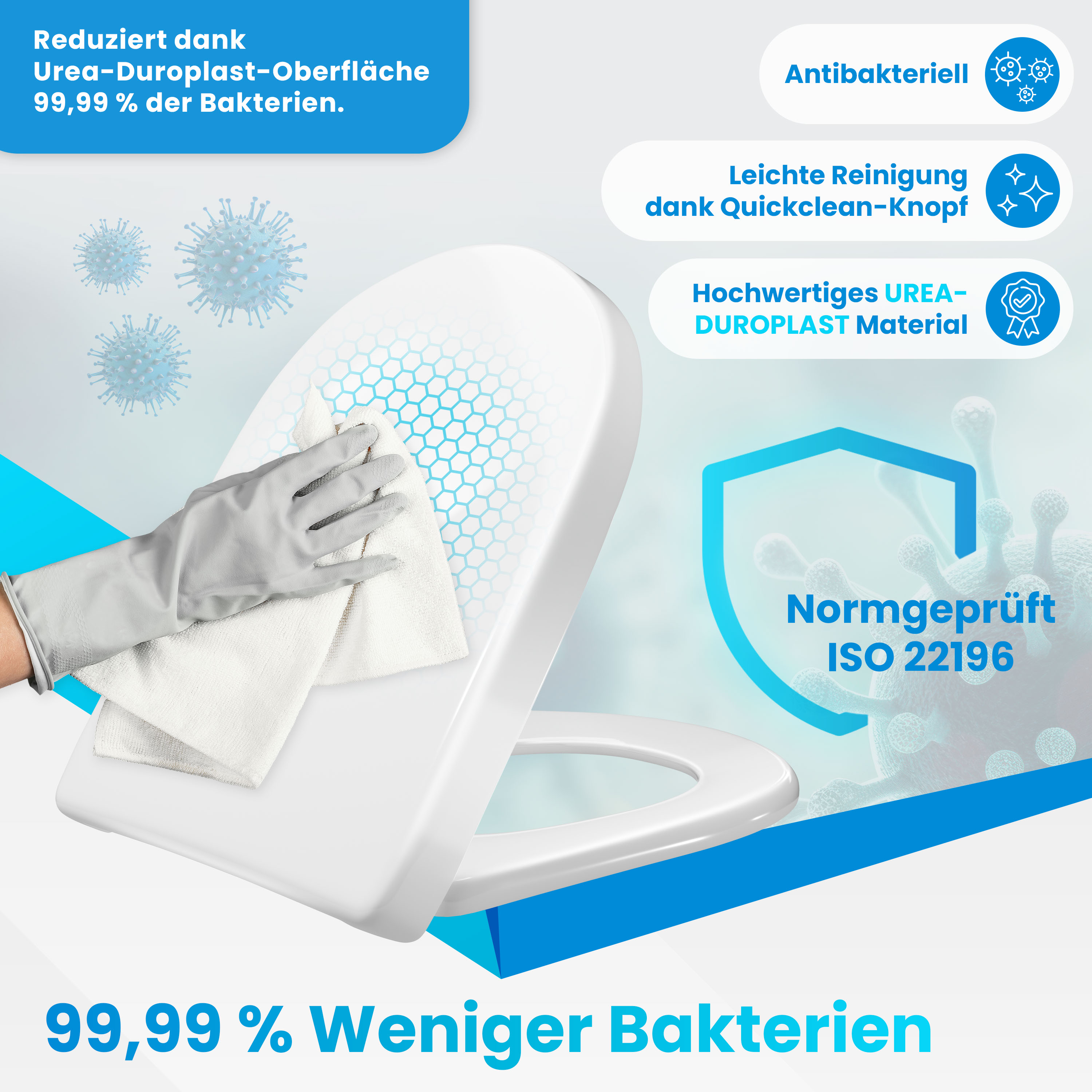Eine hand in Handschuh wischt einen weißen Toilettensitz ab, umgeben von Bakteriengrafiken und Produktvorteilen.