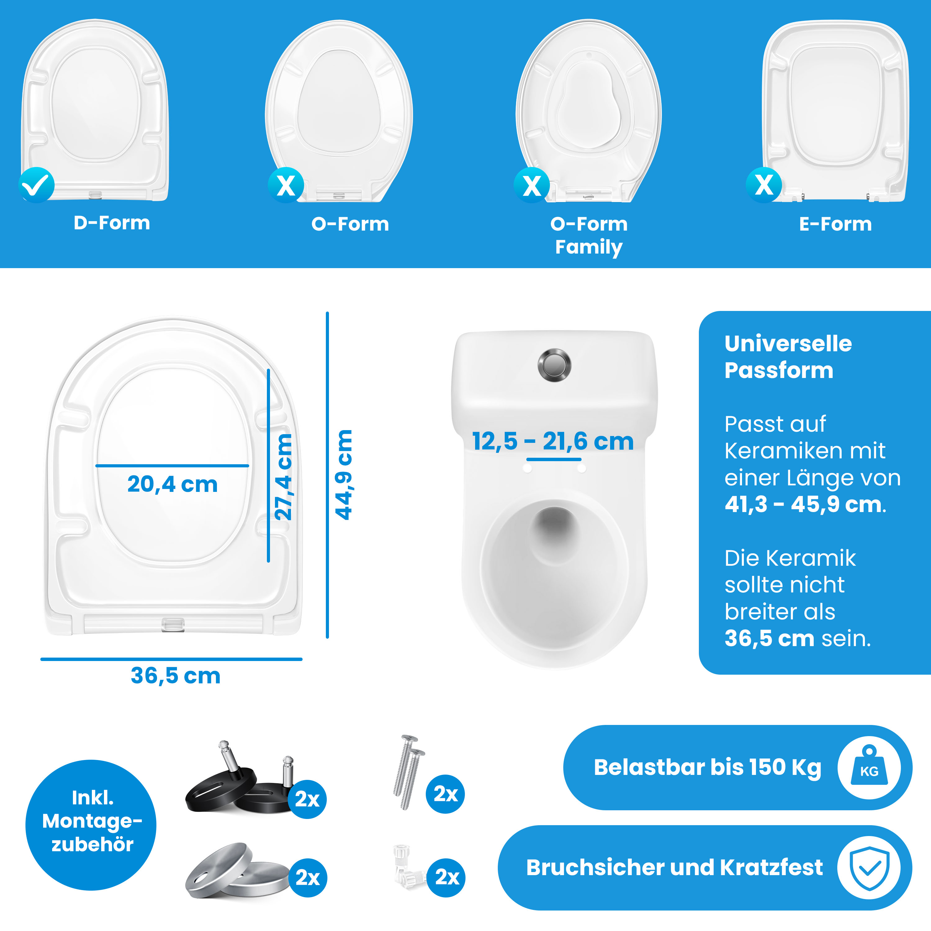 Diagramm von WC-Sitz Formen, Maßen, Montagezubehör und Eigenschaften auf blauem Hintergrund.
