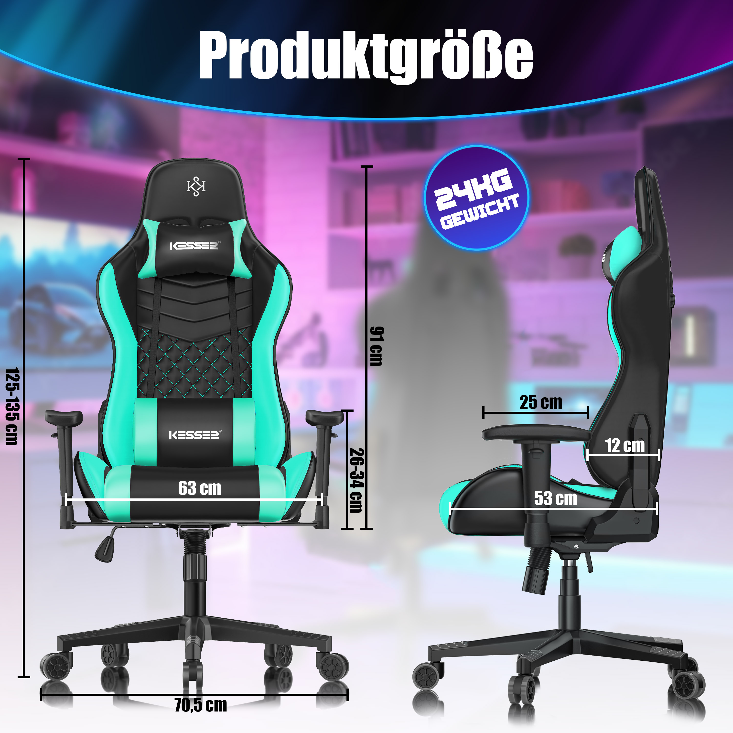 Technische Zeichnung eines schwarz-türkisen Gaming-Stuhls mit Maßangaben vor rosa Hintergrund.