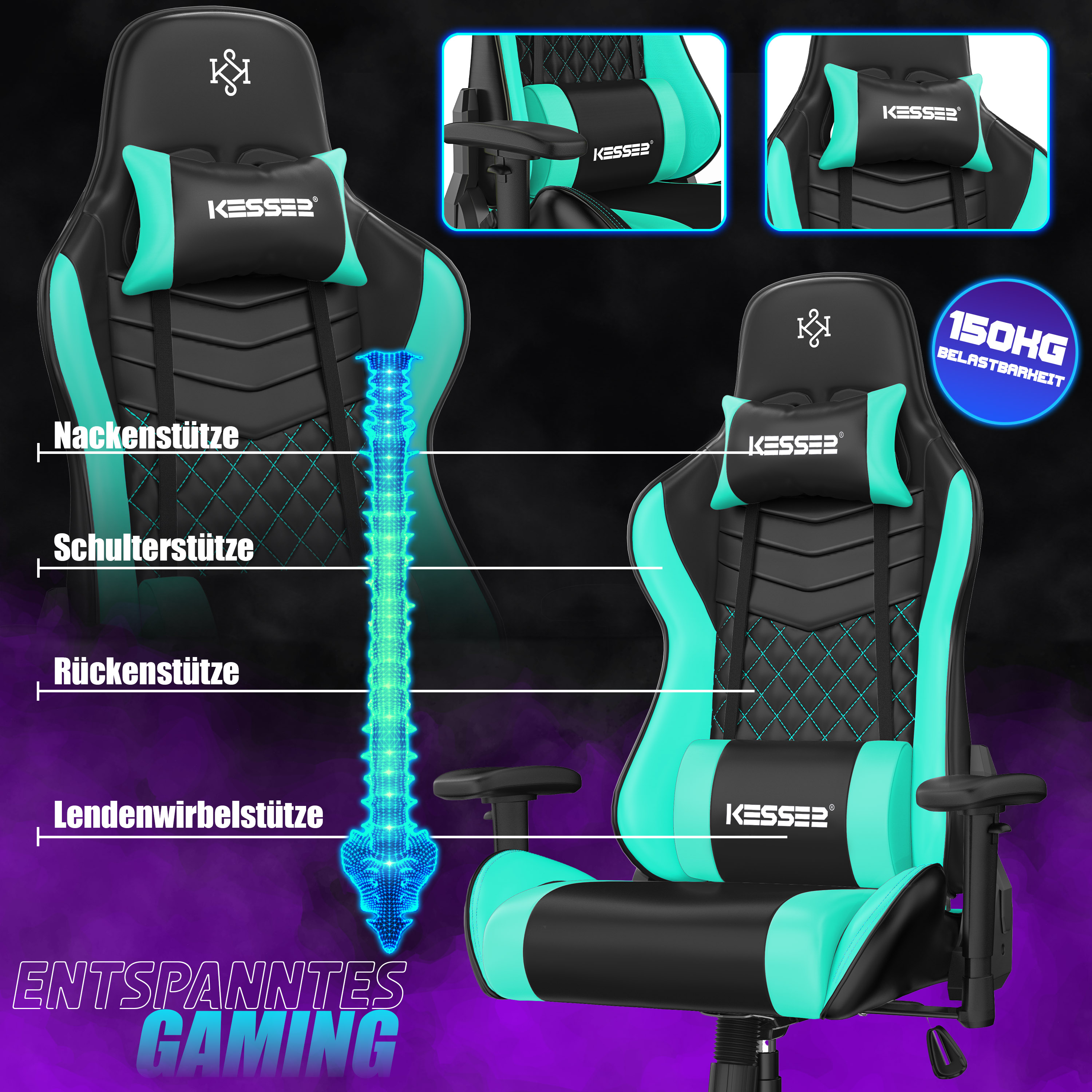 Schwarzer Gaming-Stuhl mit türkisen Akzenten und ergonomischen Stützen.