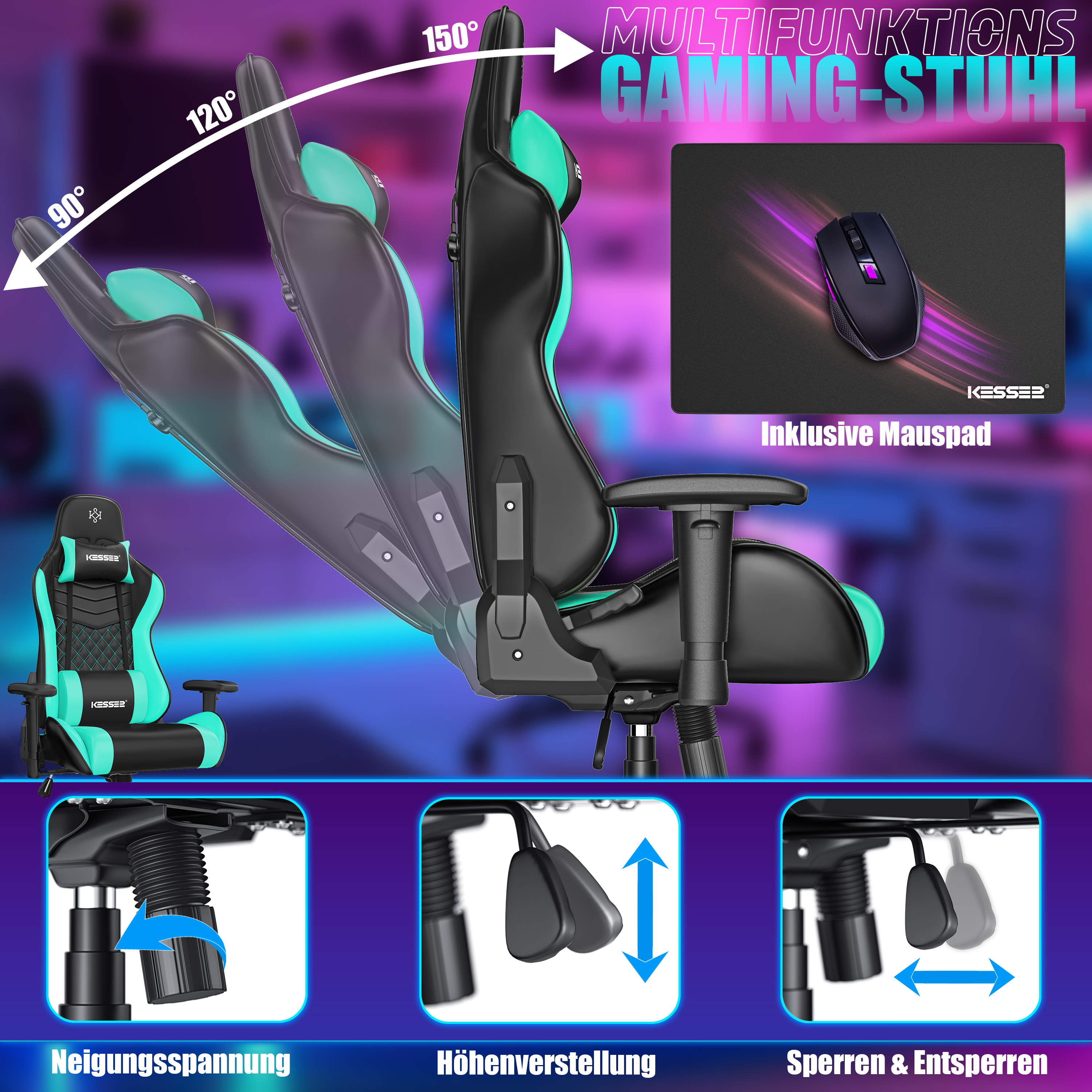 Ein schwarz-türkiser Gaming-Stuhl mit verstellbarer Rückenlehne, Kissen, Mauspad und Steuerelementen.
