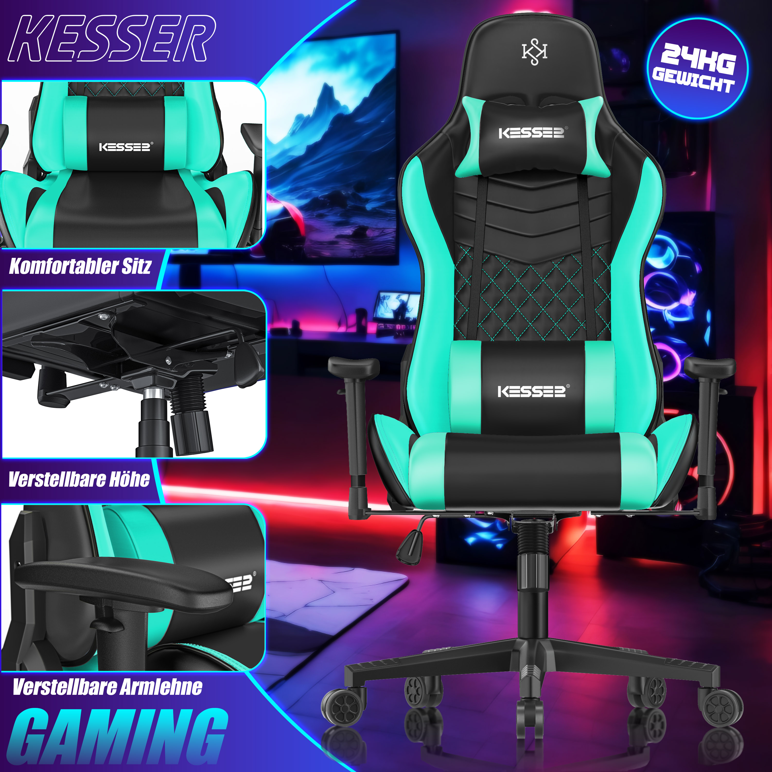 Schwarzer und türkisfarbener Kesser-Gaming-Stuhl mit Kissen, verstellbarer Höhe und Armlehnen vor Gaming-Hintergrund.