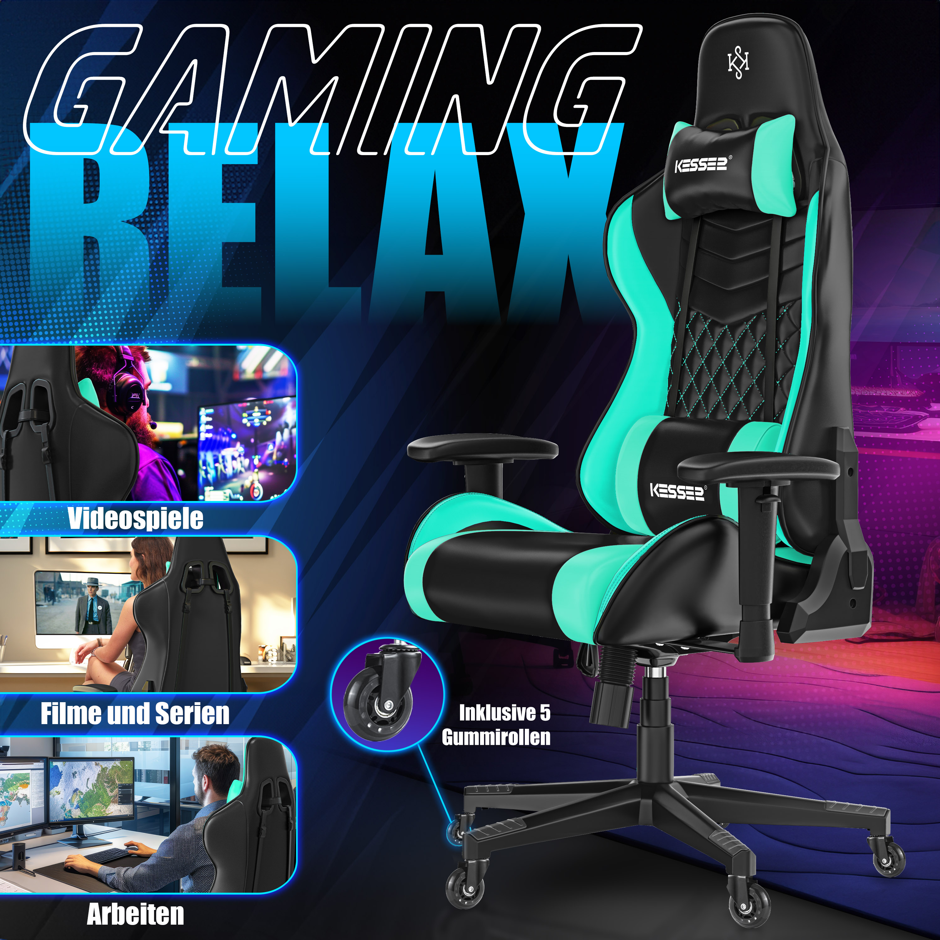 Schwarzer und türkisblauer Gaming-Stuhl mit Kopfstütze, Rollen und Insets für Videospiele, Filme und Arbeit.