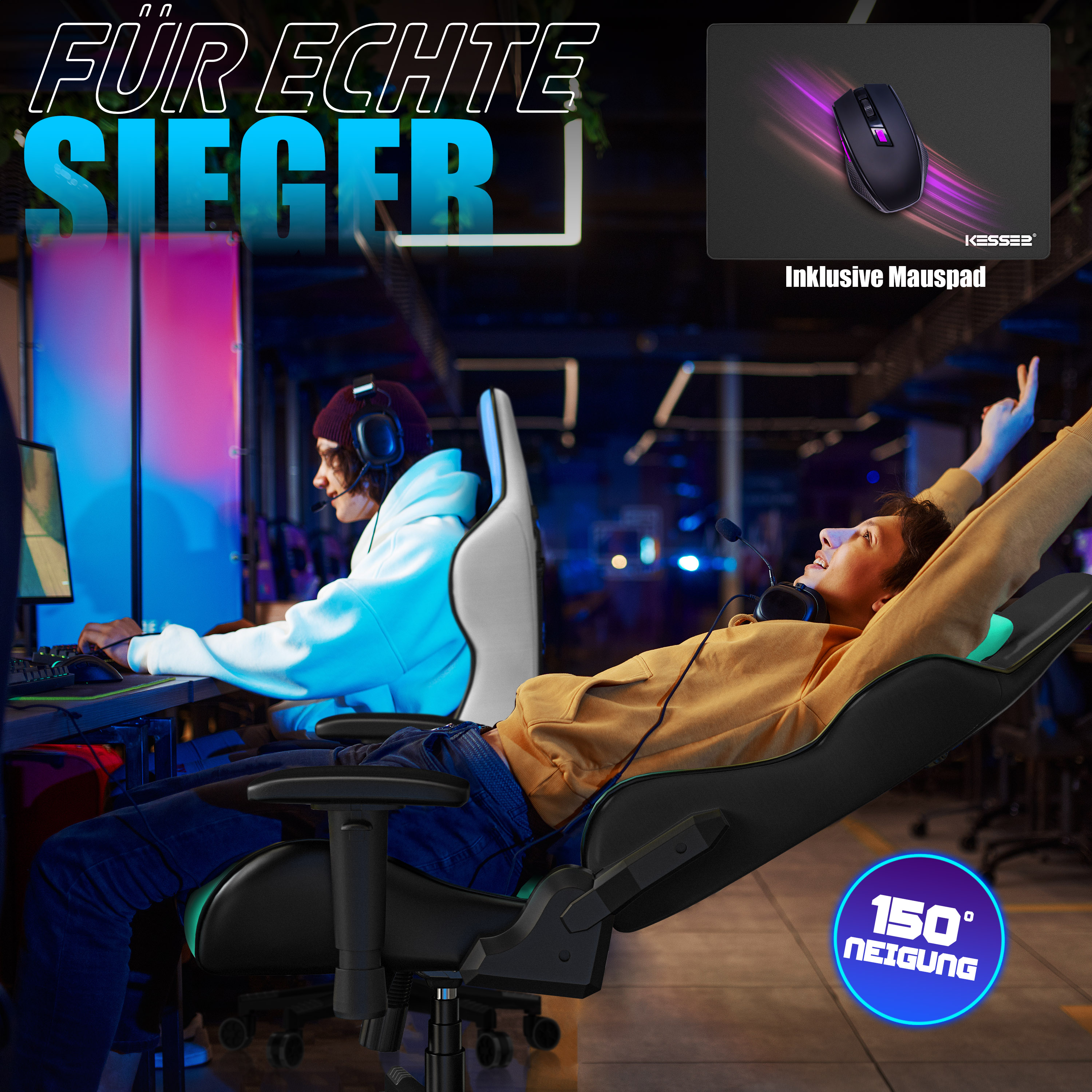 Zwei Gamer in Gaming-Sesseln mit Headsets, einer lehnt sich entspannt zurück.