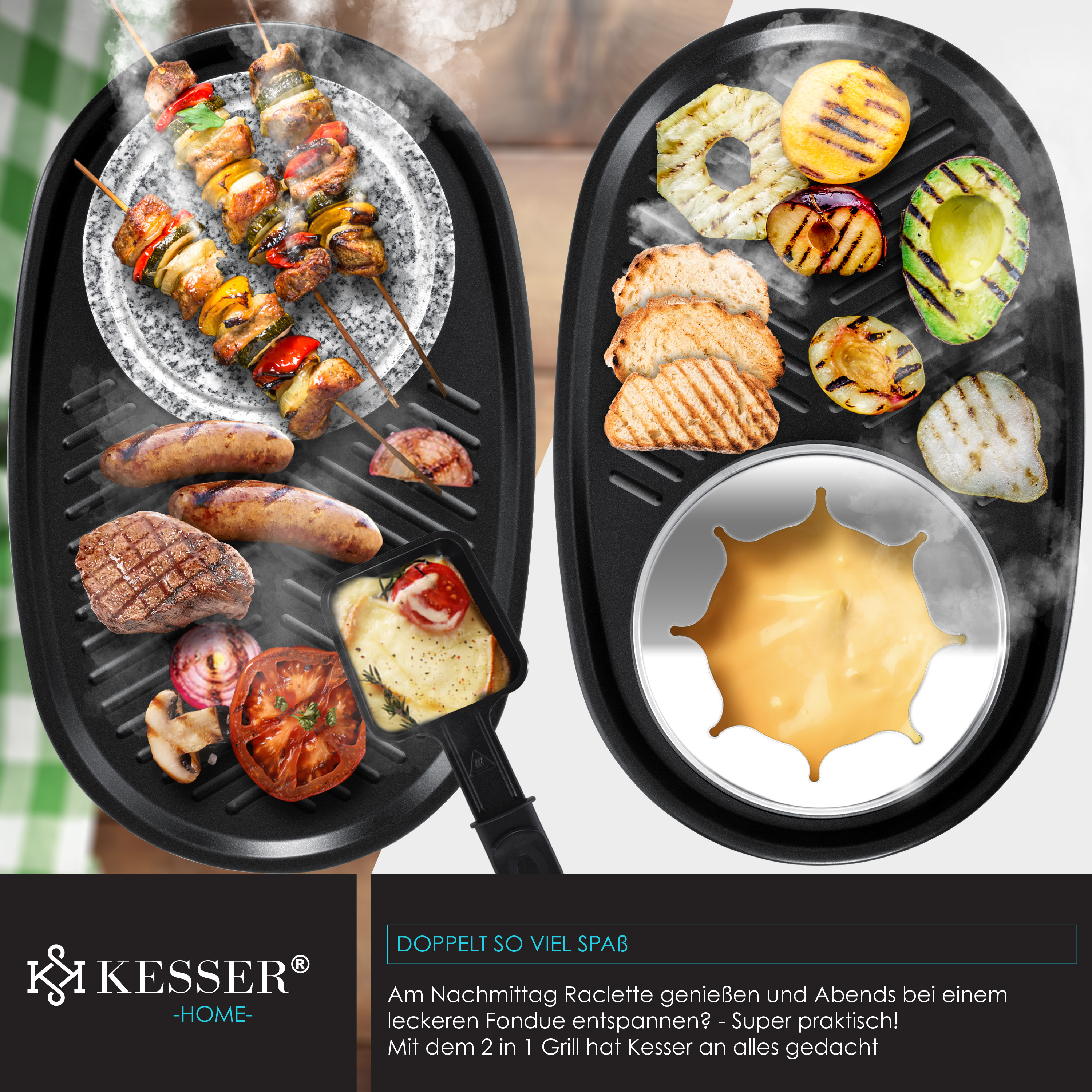 Ein Kesser 2-in-1-Grill für Raclette und Fondue mit gebratenem Fleisch, Gemüse und Käse.
