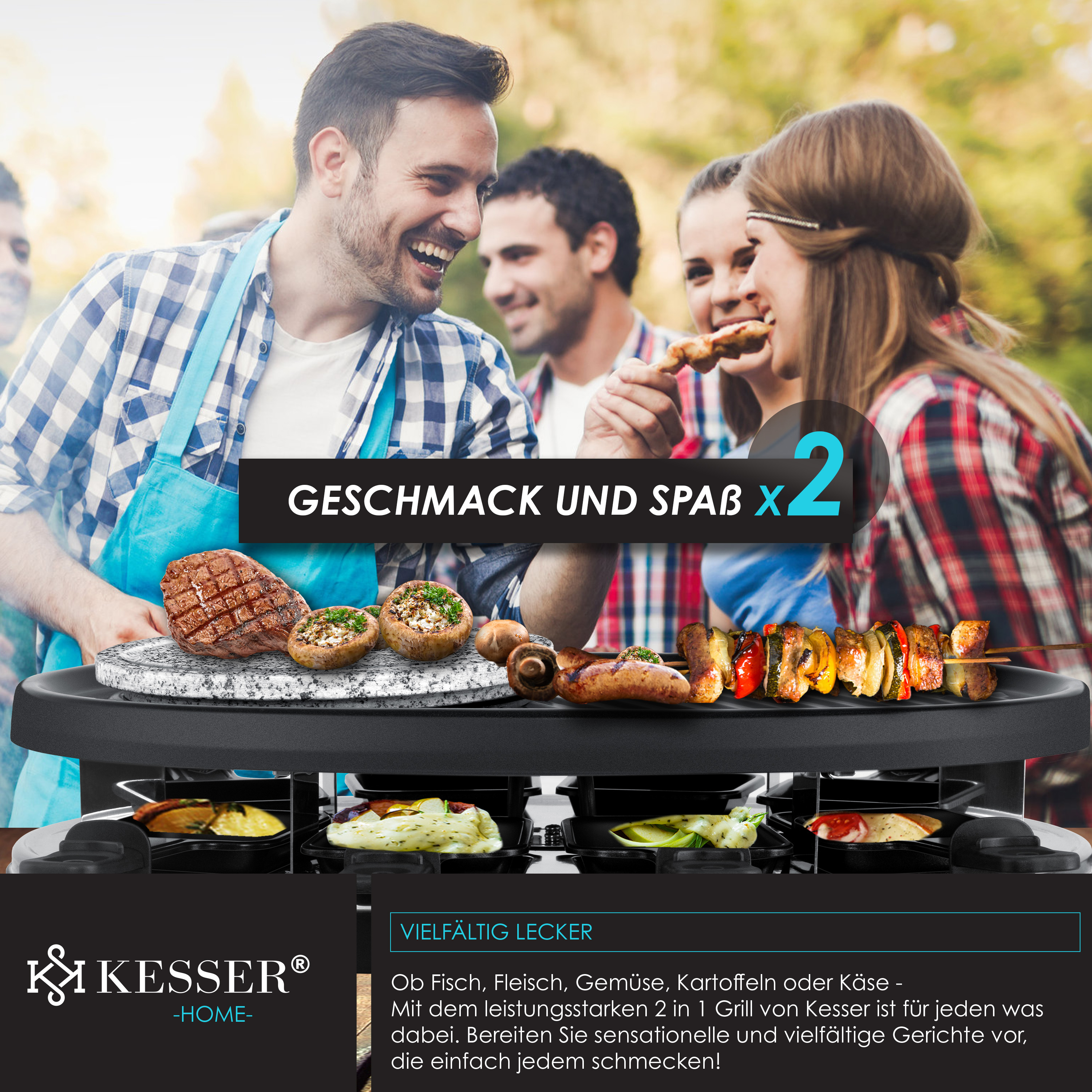 Freunde grillen gemeinsam im Freien mit einem elektrischen Tischgrill und raclette.