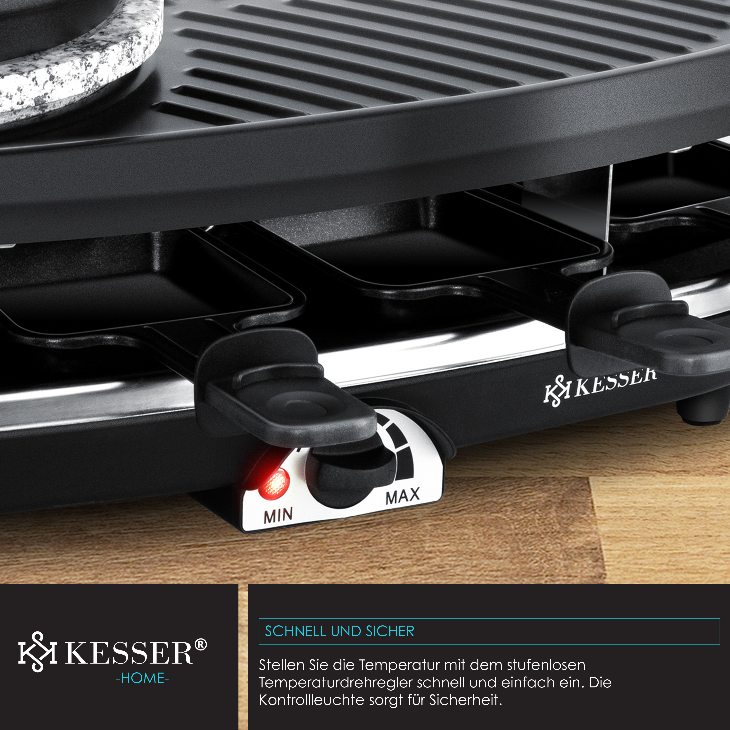 Schwarzer Kesser Raclette-Grill mit Temperaturregler und antihaftbeschichteten Pfännchen auf Holzoberfläche.