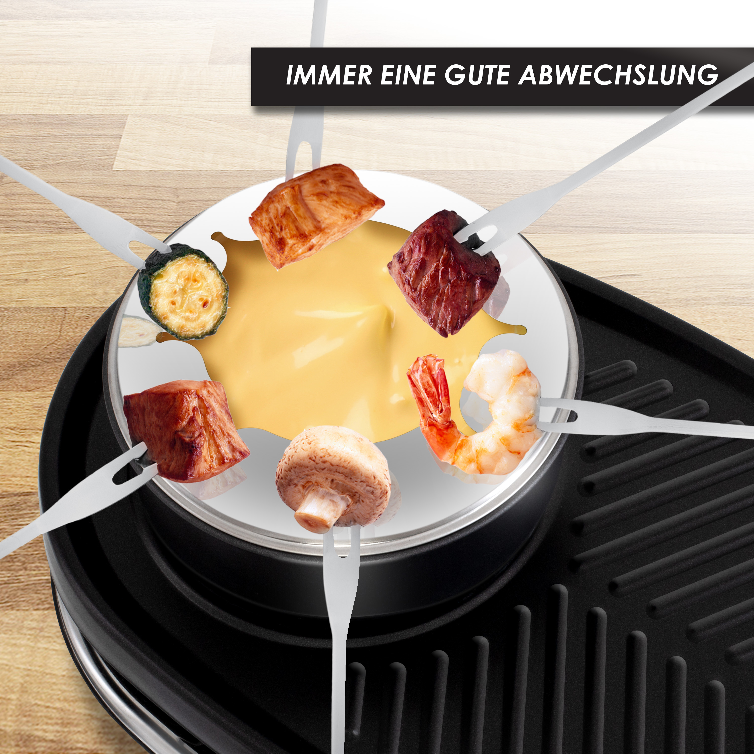 Forks with meat, shrimp, mushroom and vegetables over melted cheese on a raclette grill.
