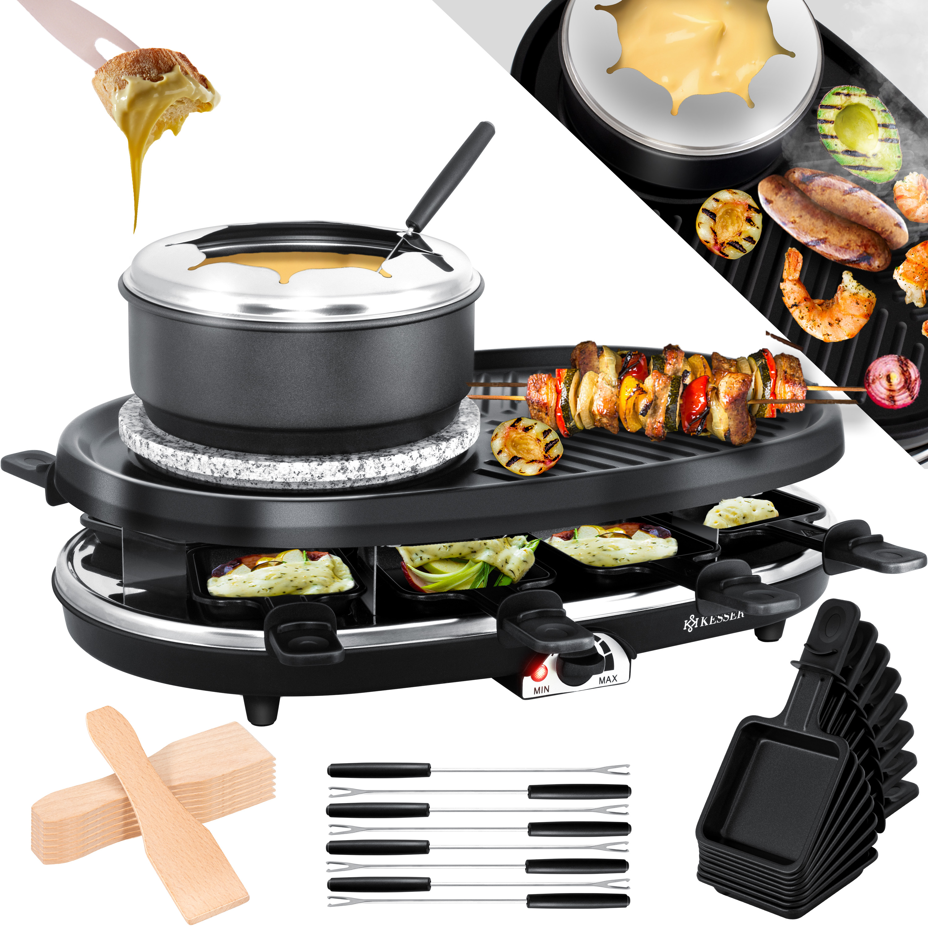 Ein schwarzer Raclette-Grill mit Steingrillplatte, Käsetöpfchen, Spießen und kleinen Holzwendern.