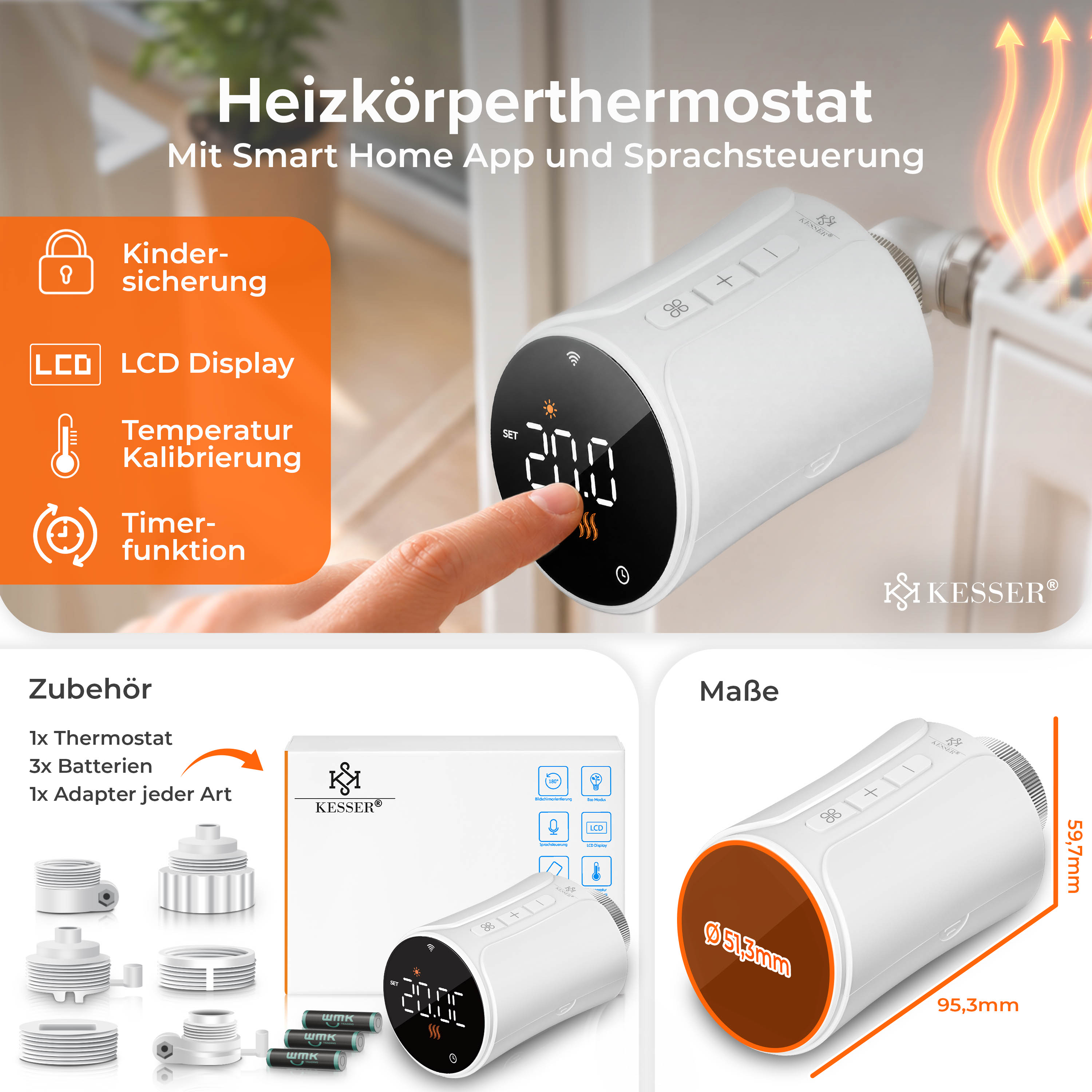 Intelligentes Heizkörperthermostat mit LCD-Display, KESSER-Logo, App-Steuerung, Zubehör und Maßen.