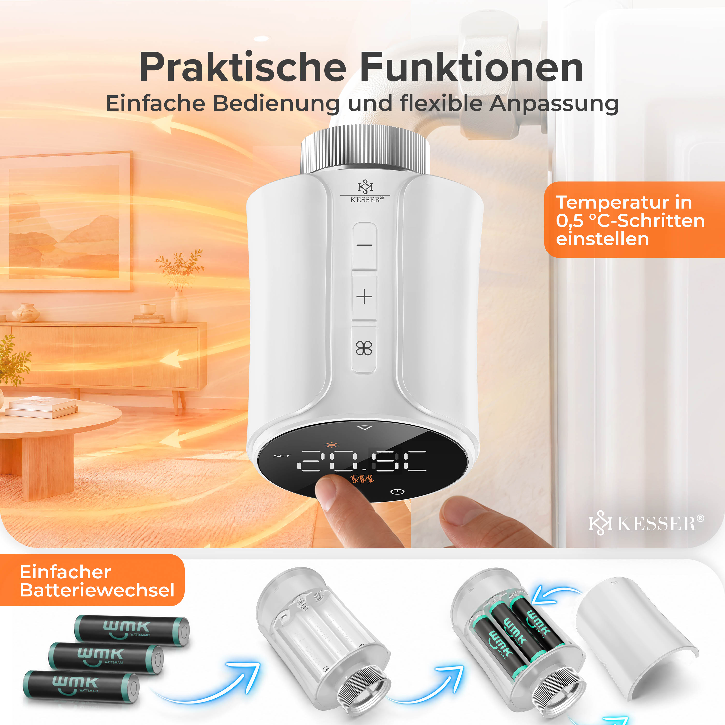 Ein weißes digitales Heizkörperthermostat an einem Rohr, ein Finger berührt das Display mit 20,5 Grad Celsius.