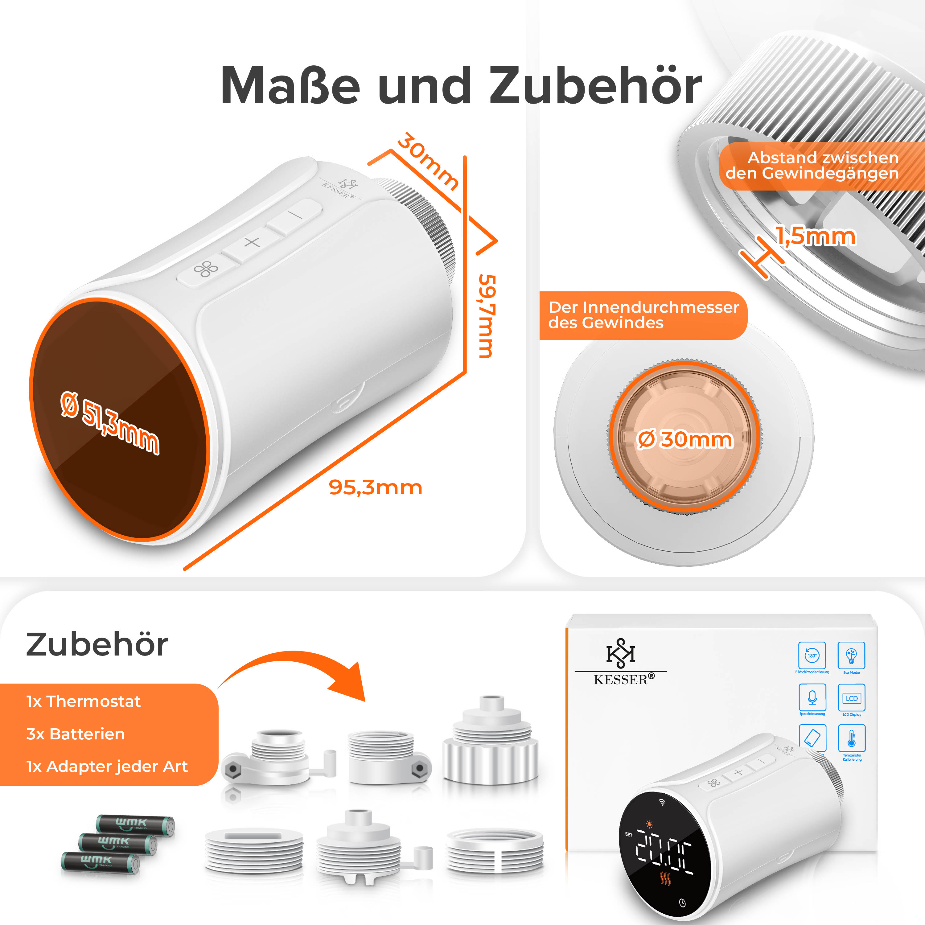 Produktgrafik mit Maßen, Zubehör und technischen Details des Kesser Heizkörperthermostats.