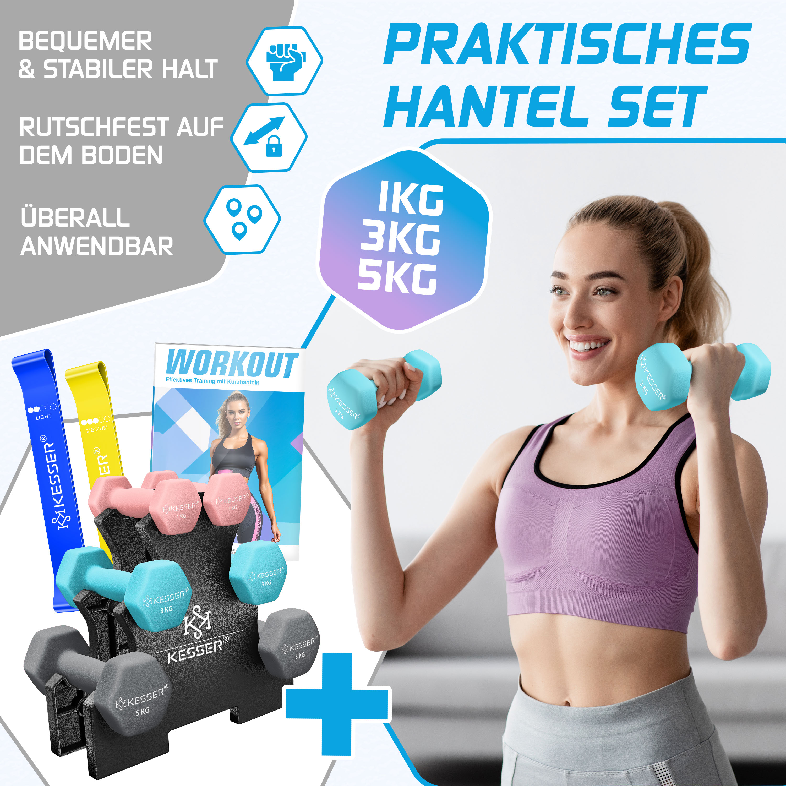 Frau in Sportkleidung lächelt und hebt blaue Hanteln, daneben ein Hantelset mit Ständer.