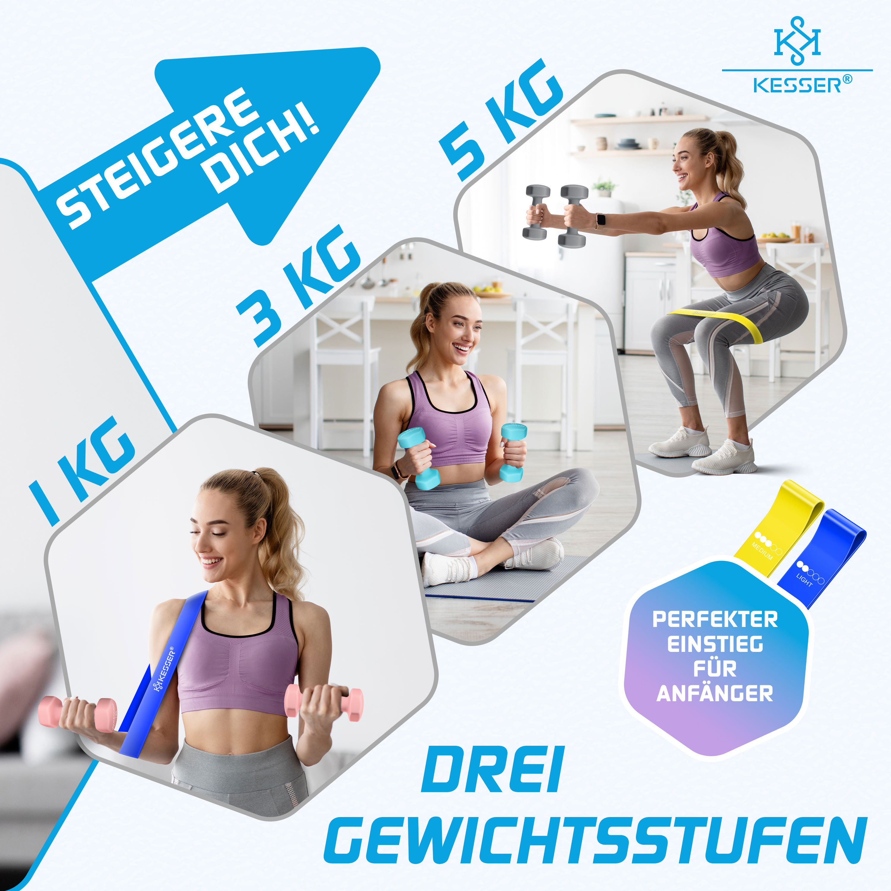 Fitness-Collage mit einer Frau, die Gewichte und Widerstandsbänder für das Training nutzt.