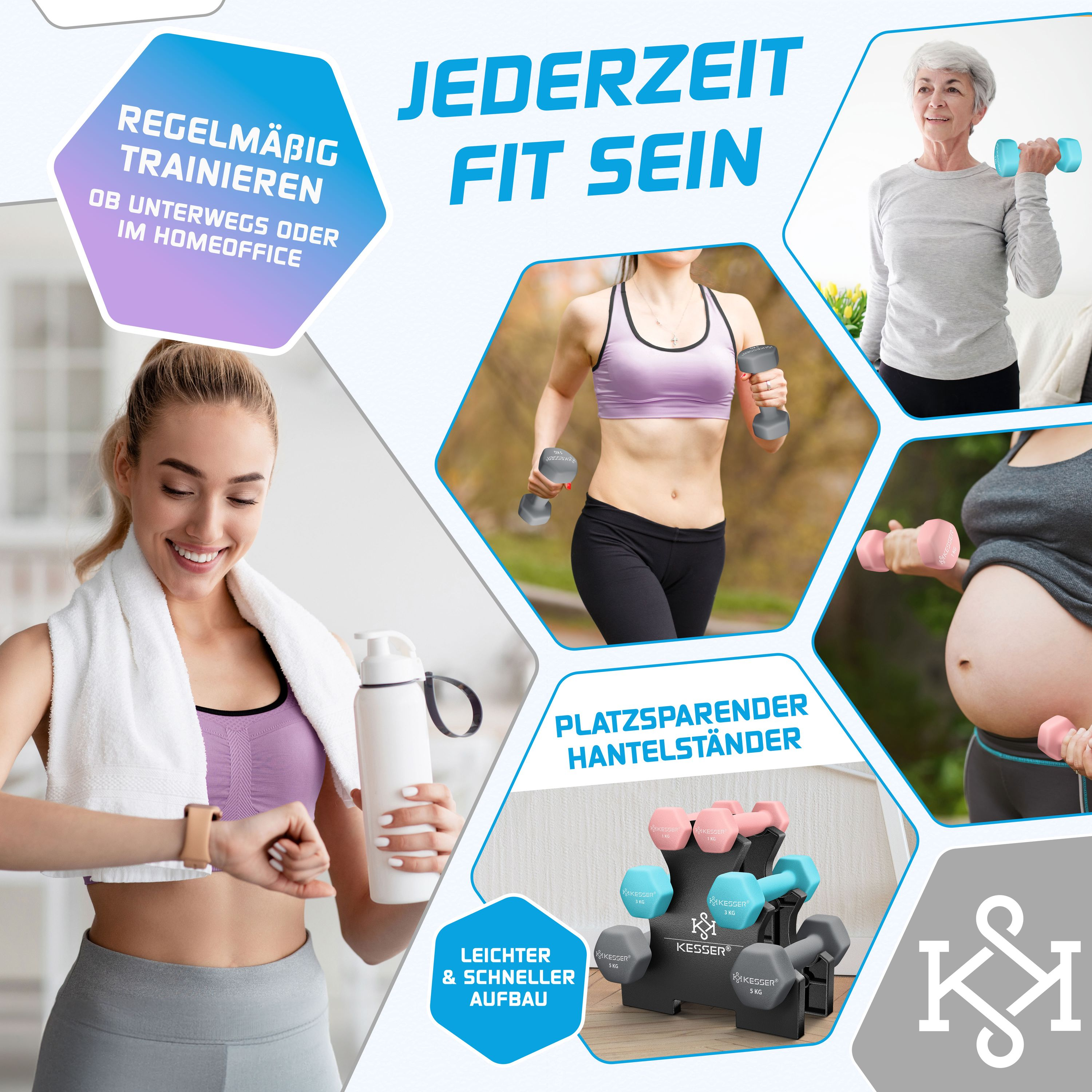 Collage von Frauen verschiedener Altersstufen mit Hanteln und Fitnessgeräten beim Training.