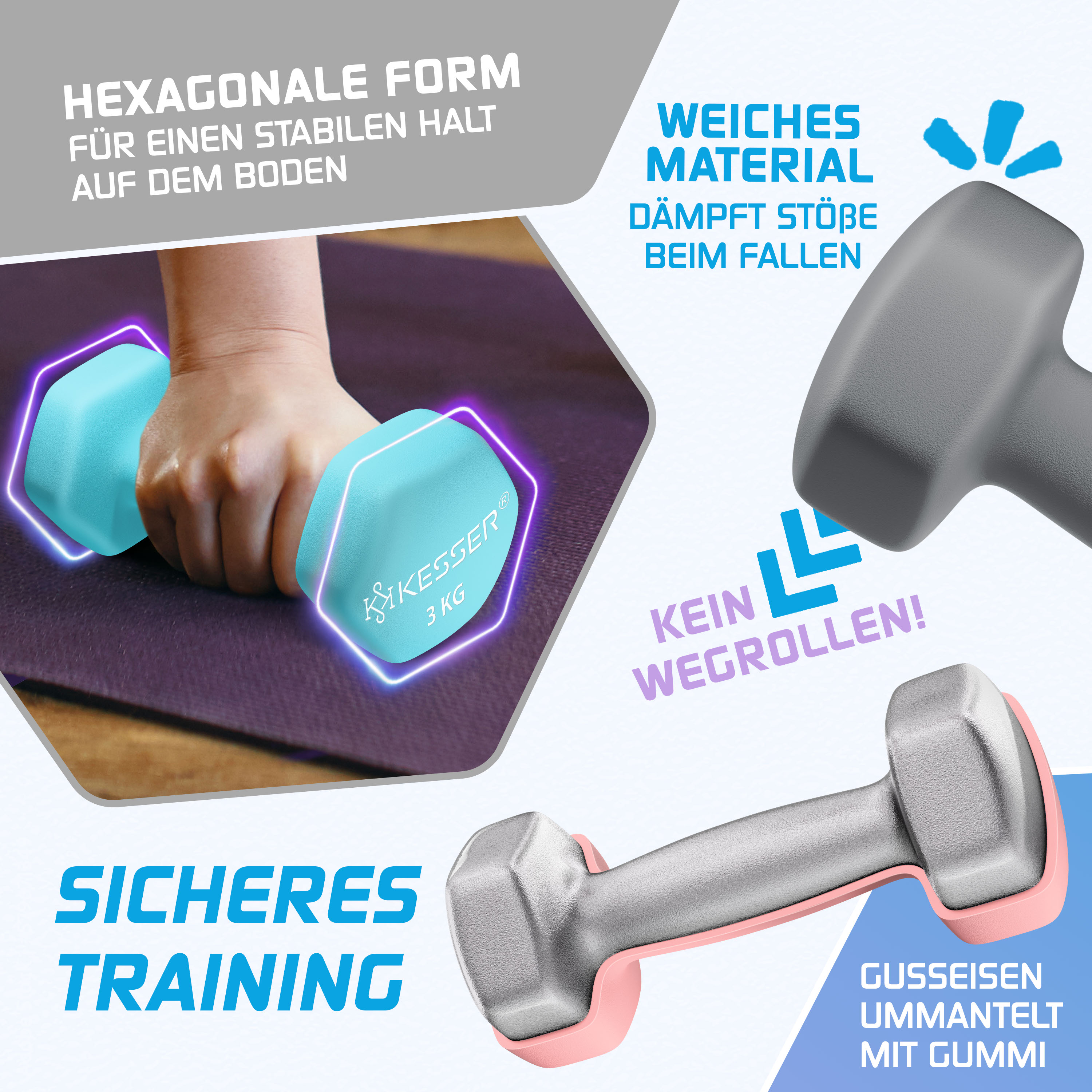 Blaue und rosa Hanteln mit Text auf weißem Hintergrund und Trainingsfoto.