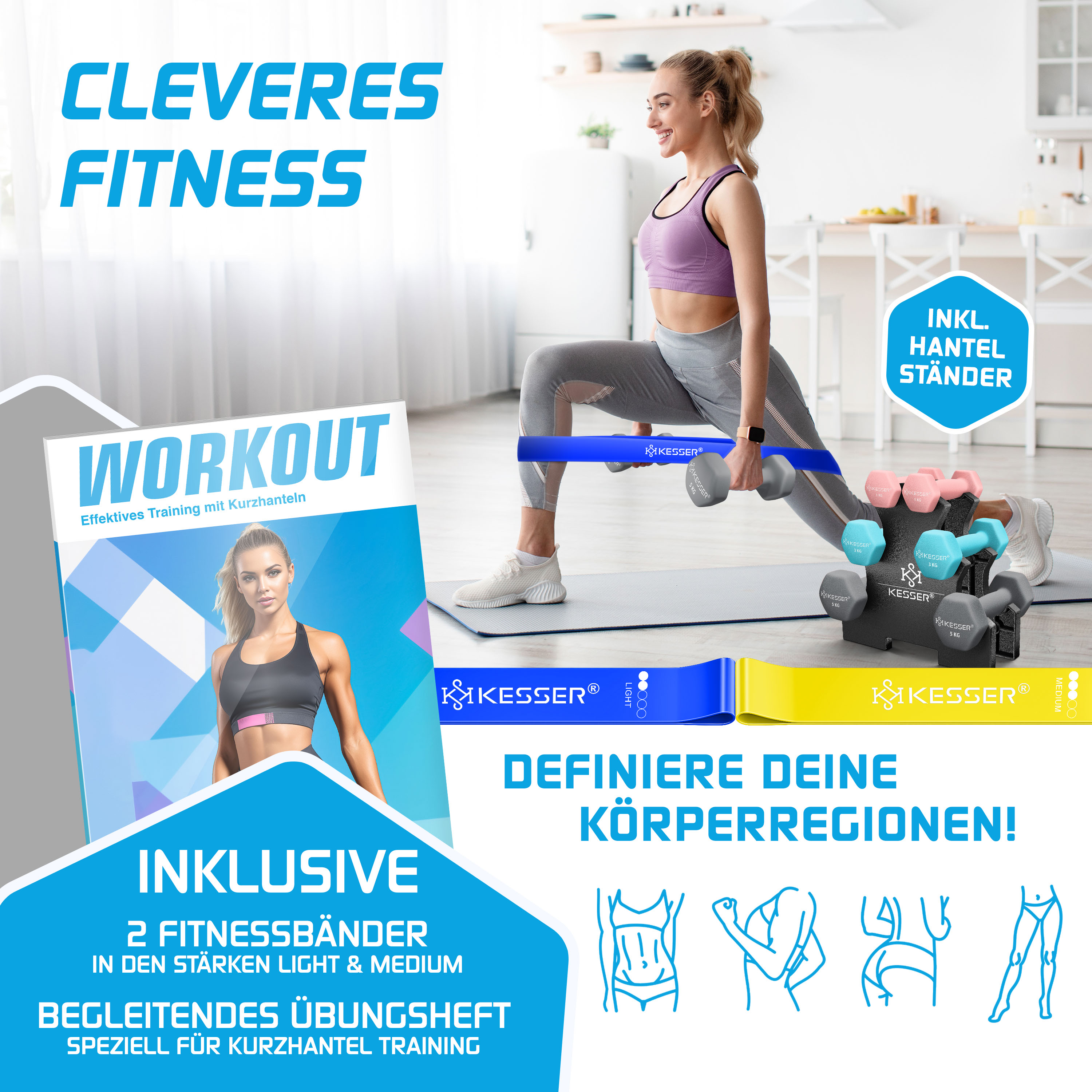 Fitness-Werbung mit Frau beim Ausfallschritt, Hantelset, Fitnessbändern und Workout-Heft.
