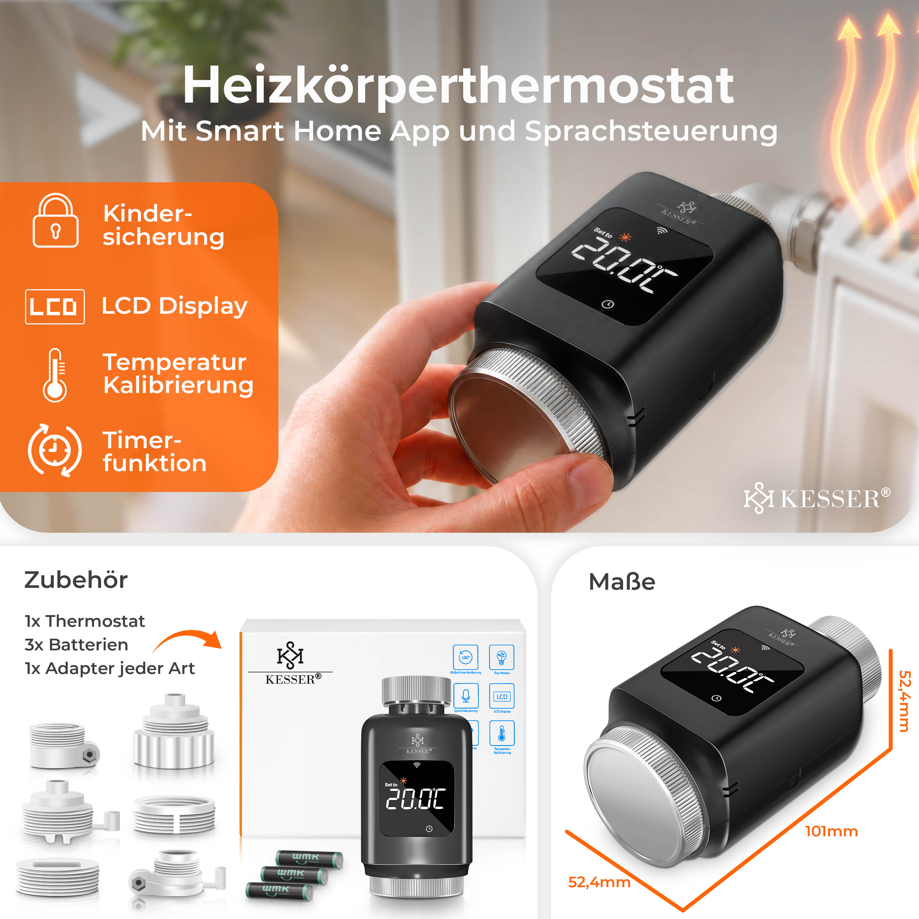 Intelligentes Heizkörperthermostat mit LCD-Display, Kindersicherung und verschiedenen Adaptern.