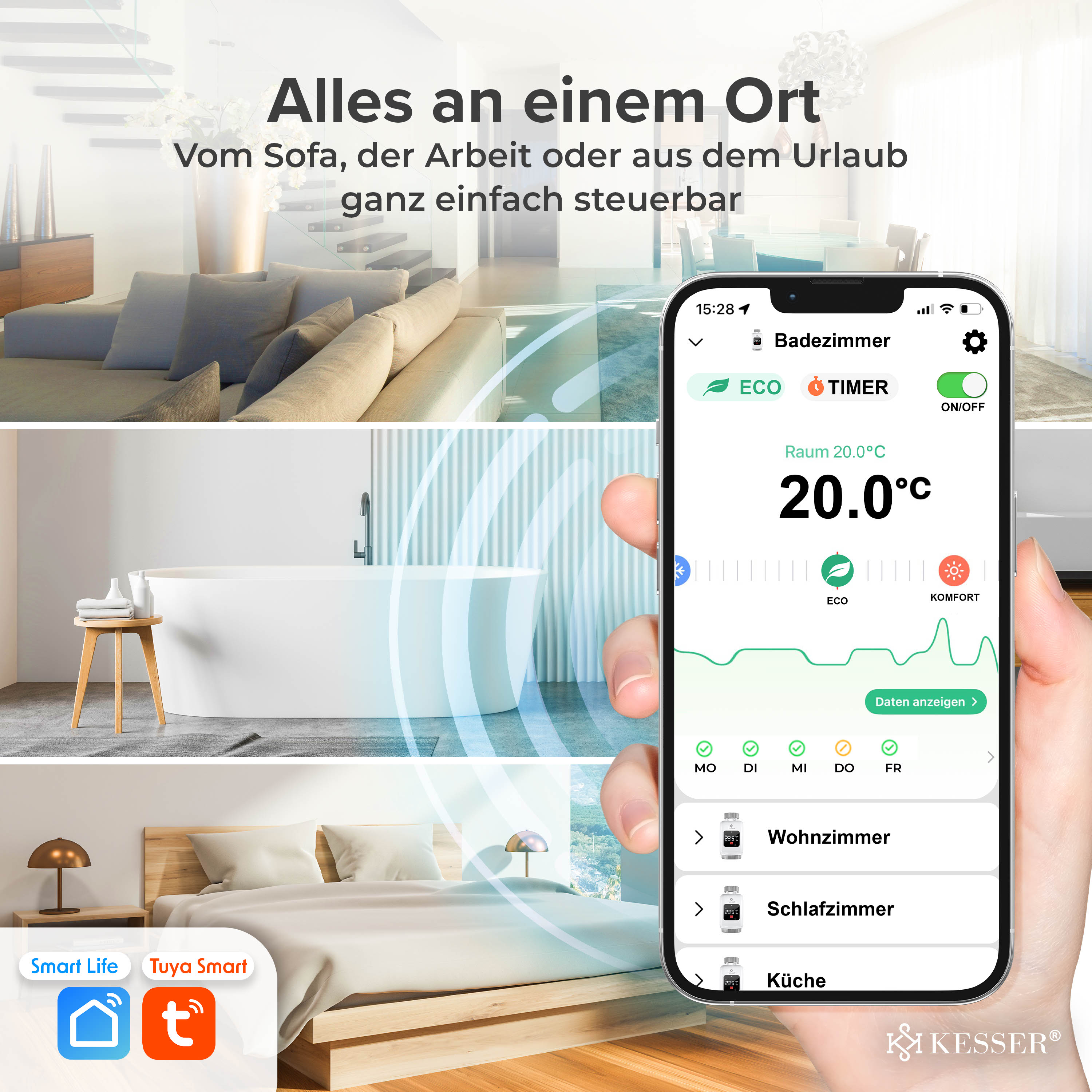 Eine Hand hält ein Smartphone mit einer Smart-Home-App zur Temperaturregelung, vor Wohnraumszenen.