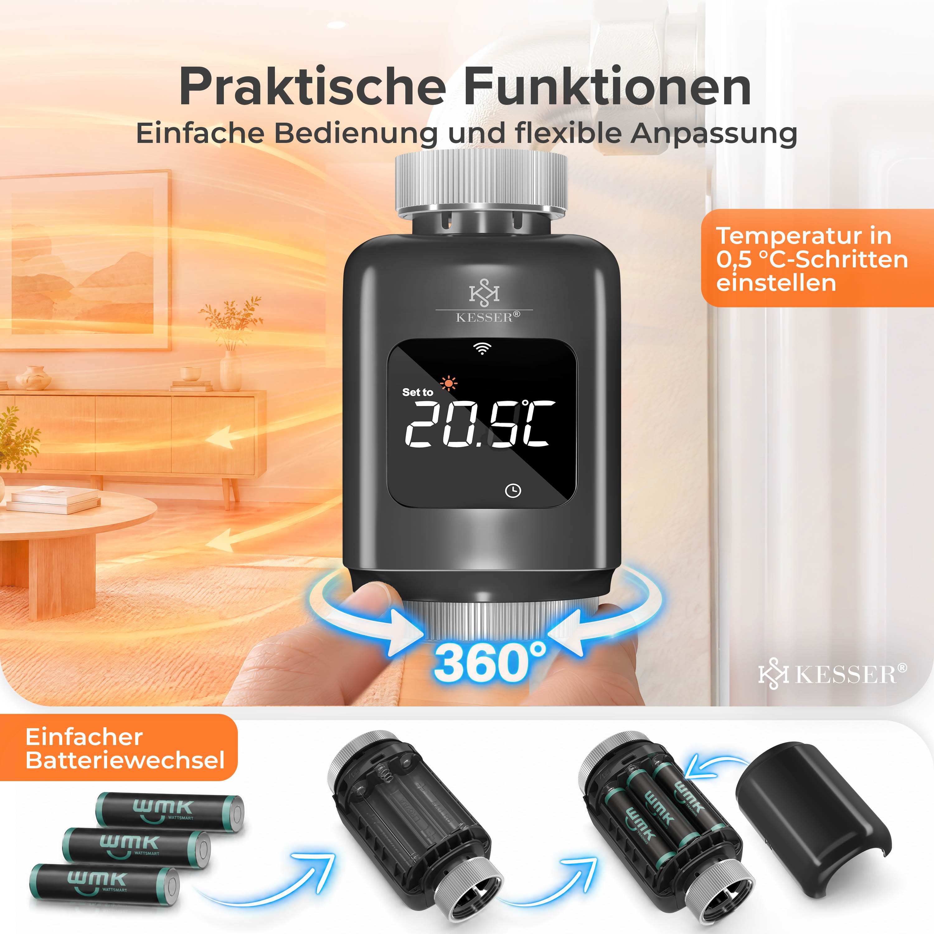 Schwarzes Kesser-Heizkörperthermostat mit Display, Einstellungs- und Batteriewechsel-Grafiken.