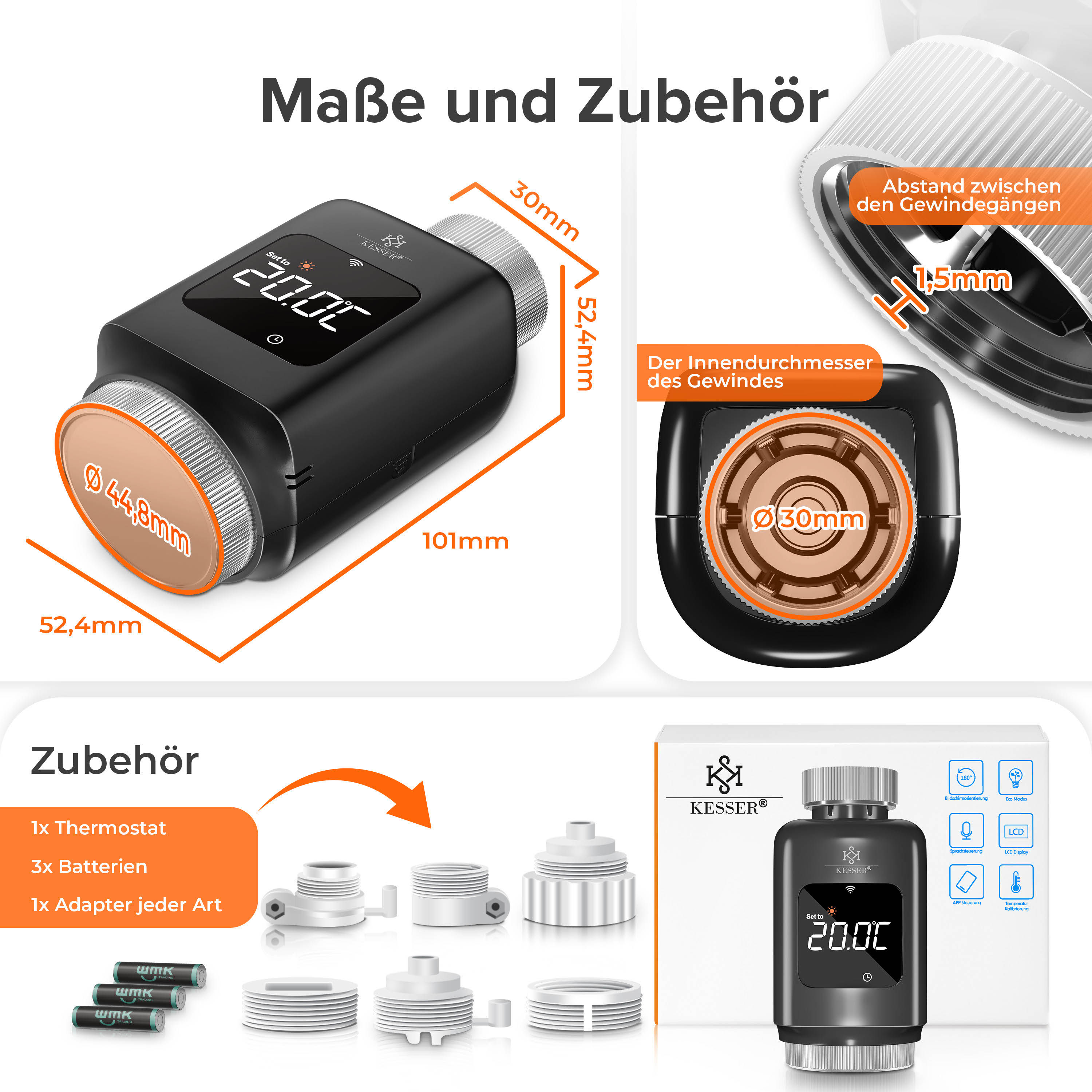 Diagramm zeigt Abmessungen, Gewindegröße und Zubehör eines Kesser Thermostats mit Batterien und Adaptern.